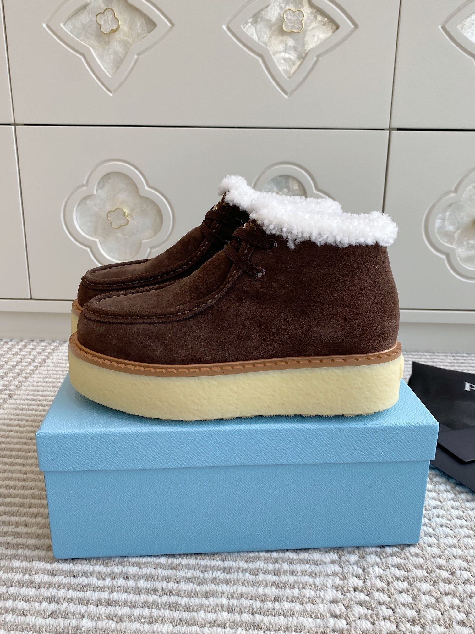 Prada Chukka Boots Coffee Brown Suede White Shearing 564159