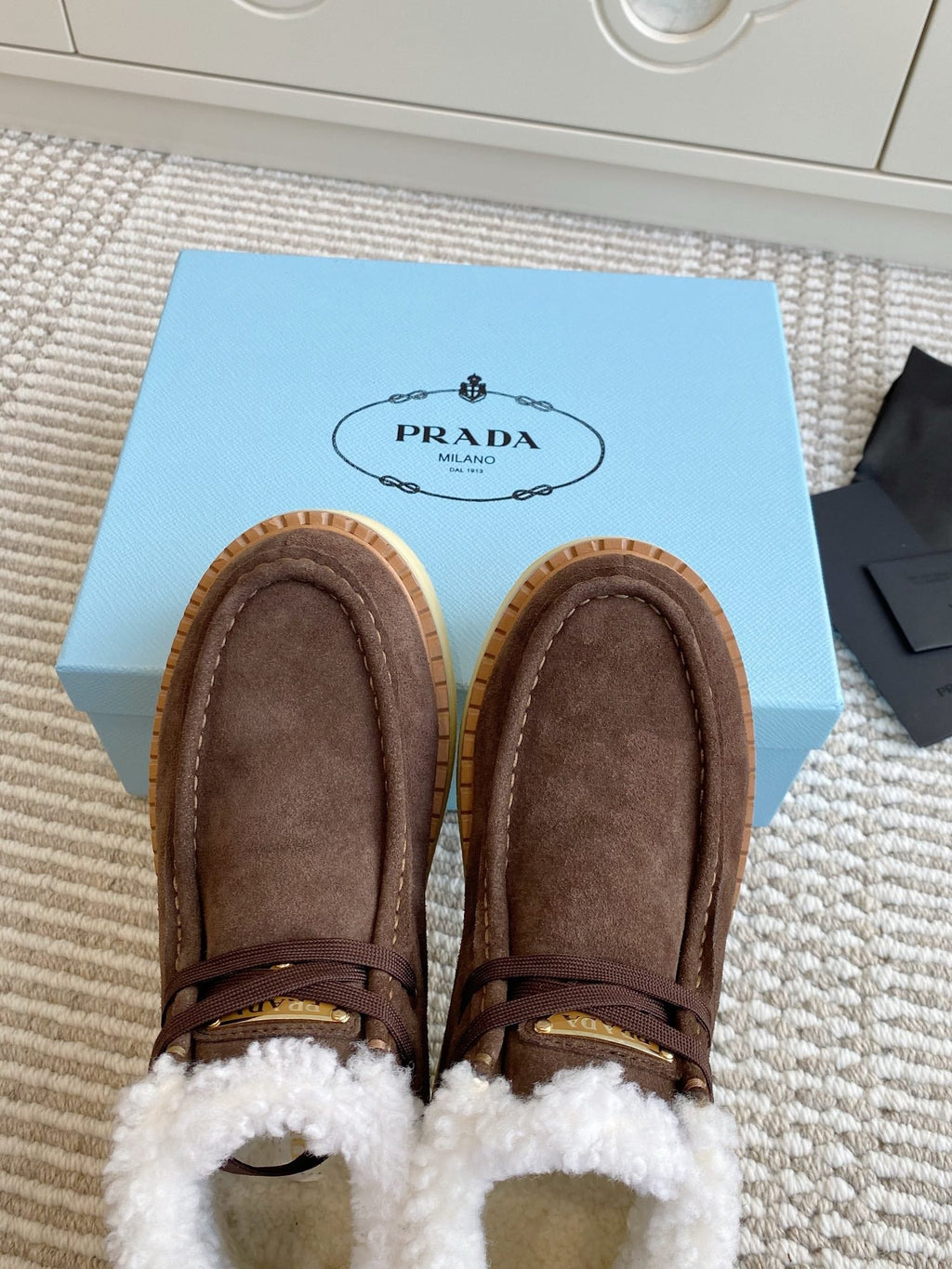 Prada Chukka Boots Coffee Brown Suede White Shearing 564159