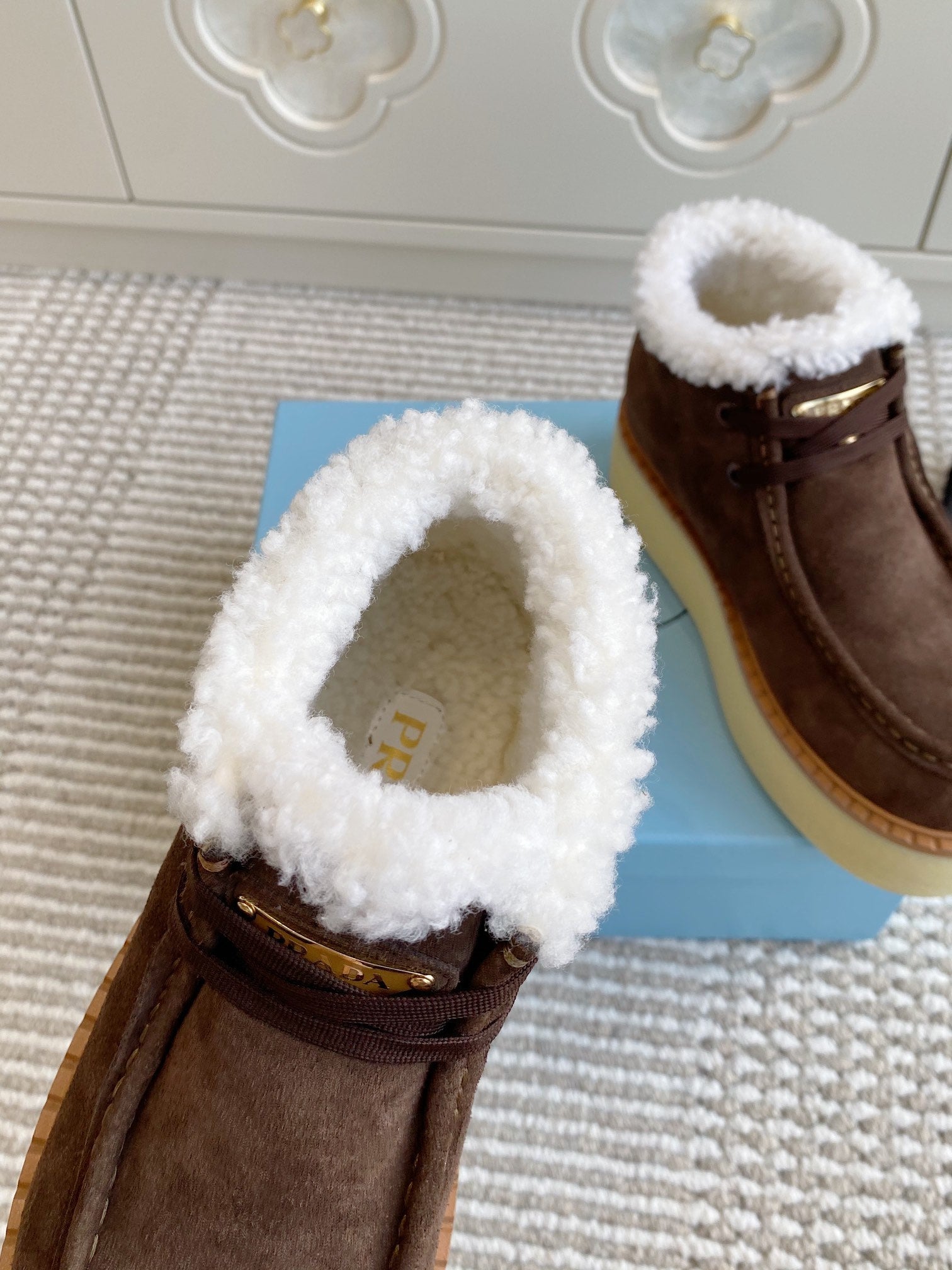 Prada Chukka Boots Coffee Brown Suede White Shearing 564159