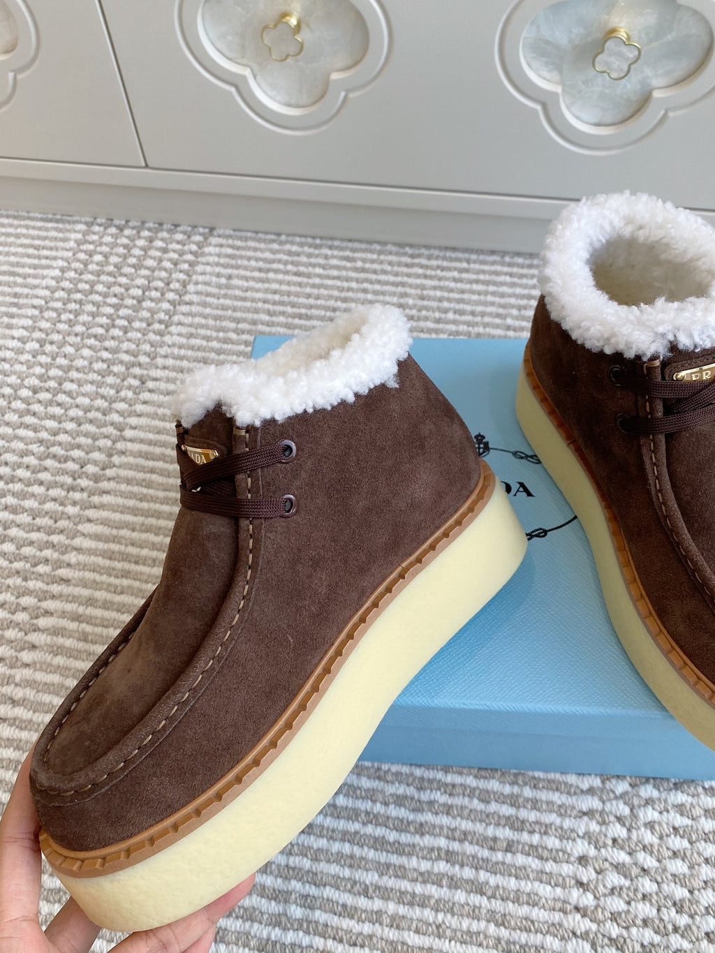 Prada Chukka Boots Coffee Brown Suede White Shearing 564159