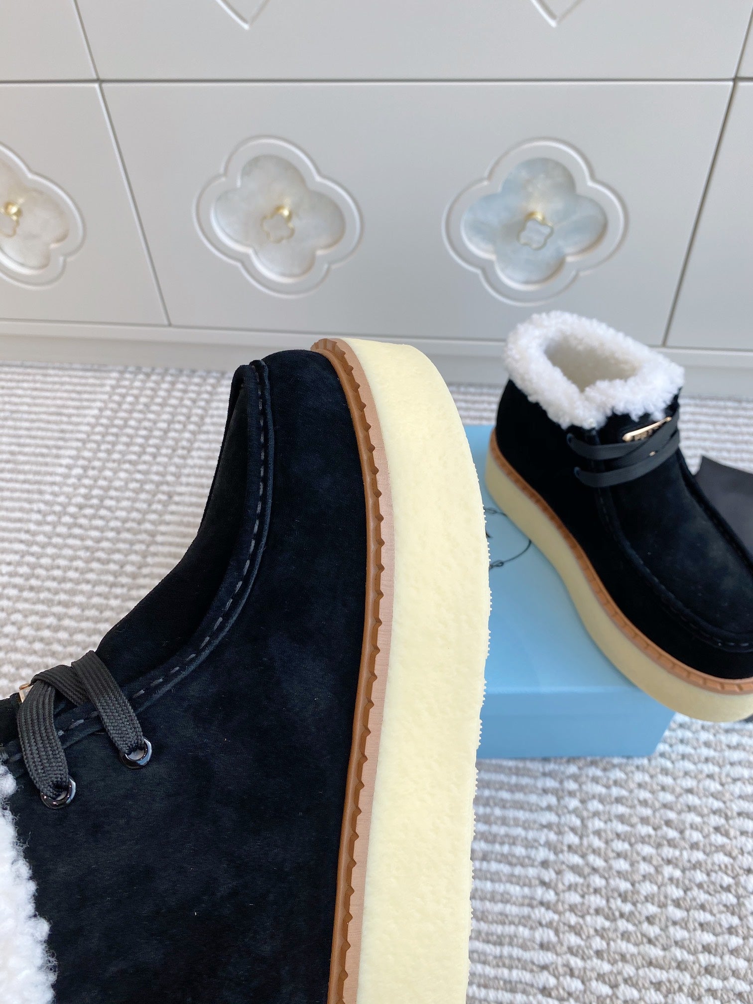 Prada Chukka Boots Black Suede White Shearing 564160