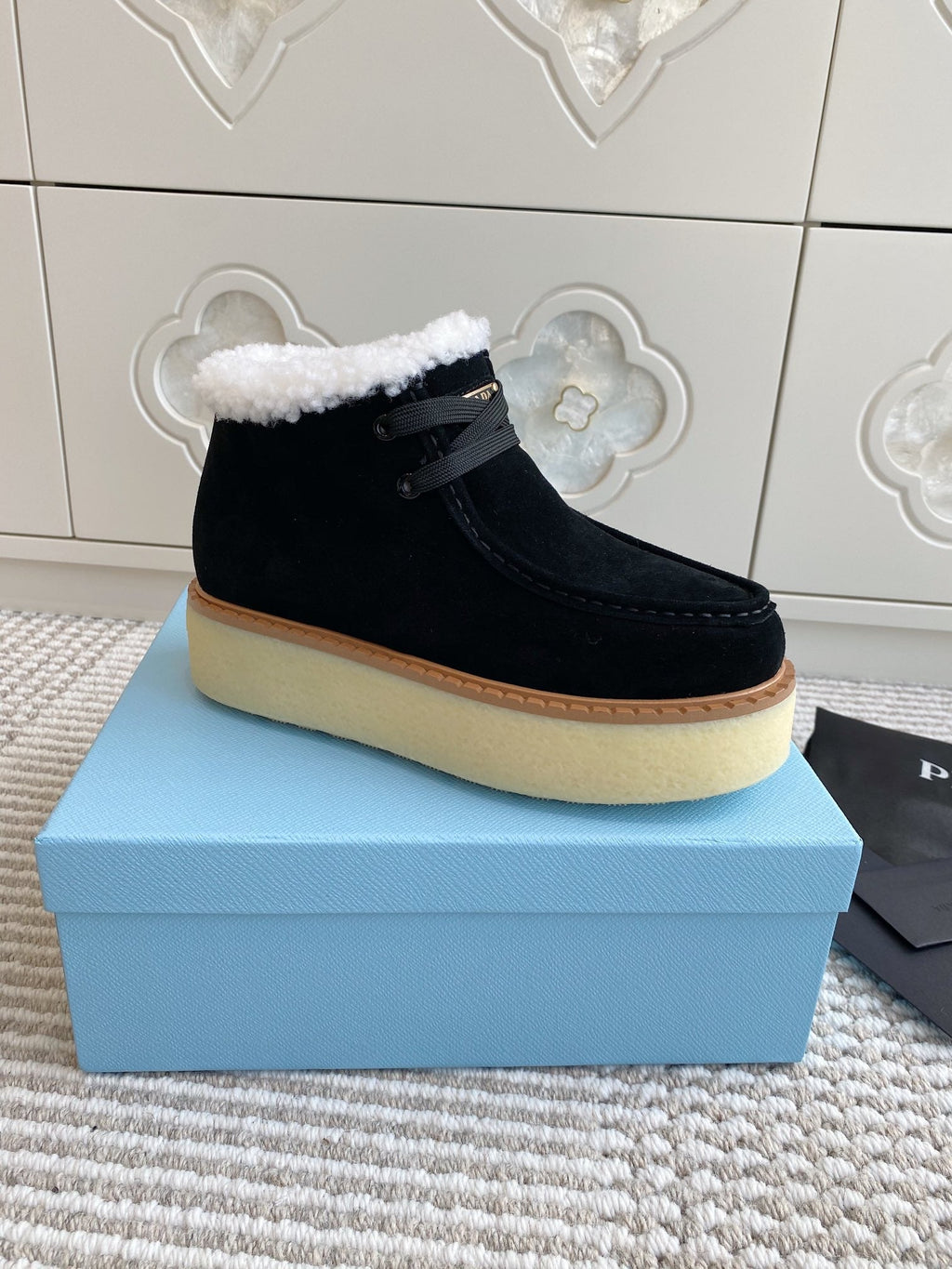 Prada Chukka Boots Black Suede White Shearing 564160