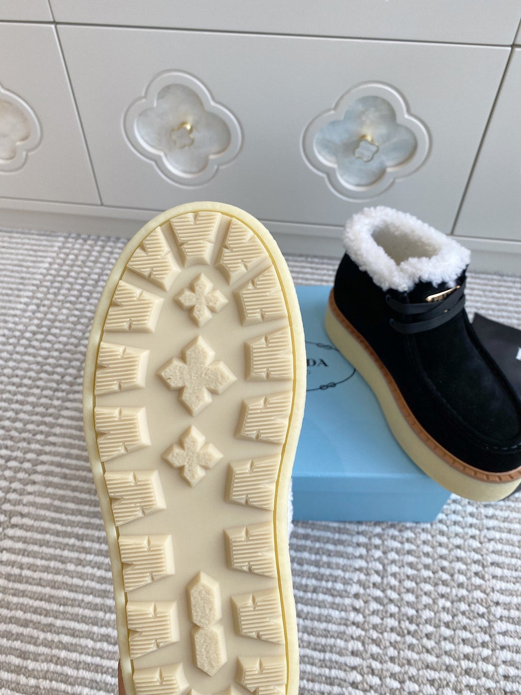 Prada Chukka Boots Black Suede White Shearing 564160