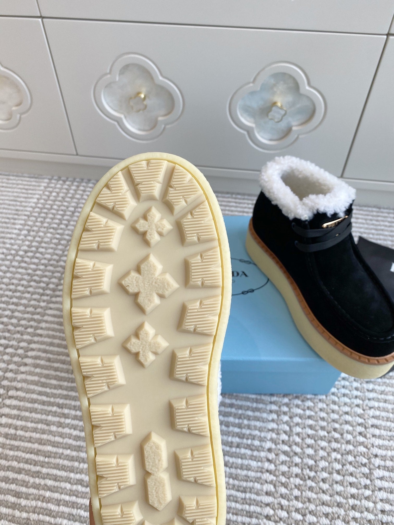 Prada Chukka Boots Black Suede White Shearing 564160