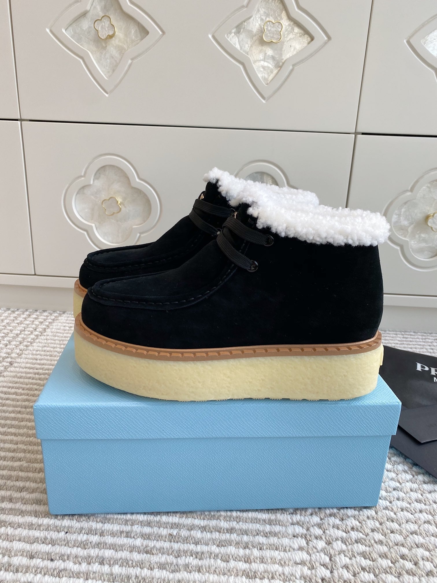 Prada Chukka Boots Black Suede White Shearing 564160