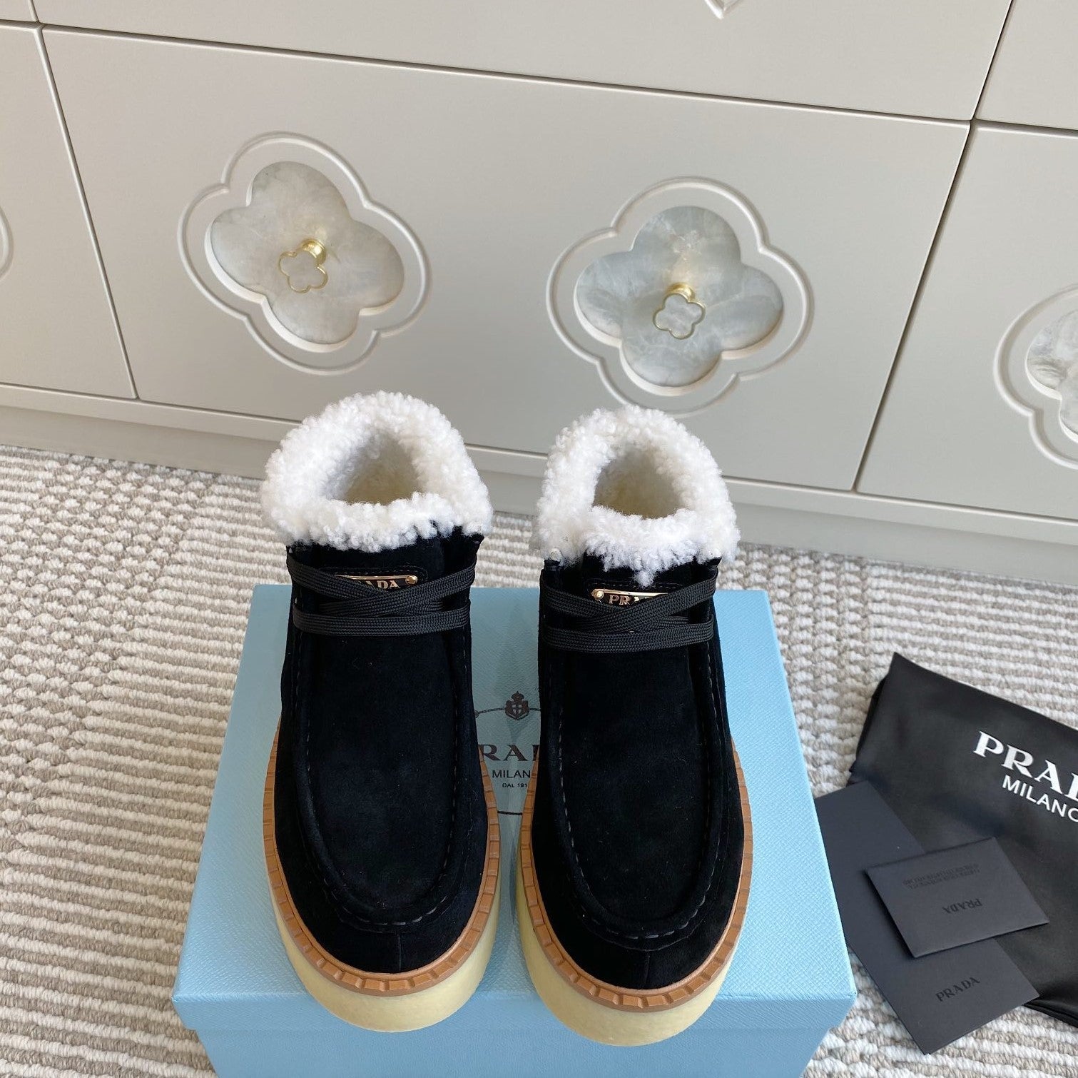 Prada Chukka Boots Black Suede White Shearing 564160