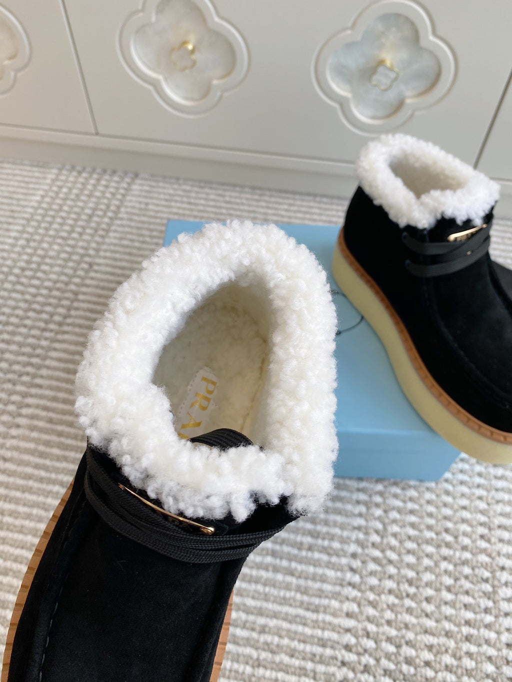 Prada Chukka Boots Black Suede White Shearing 564160