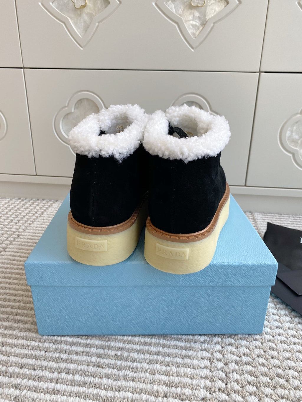 Prada Chukka Boots Black Suede White Shearing 564160