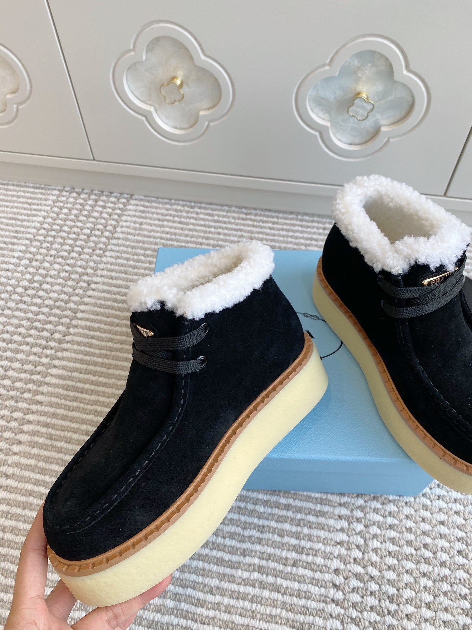 Prada Chukka Boots Black Suede White Shearing 564160