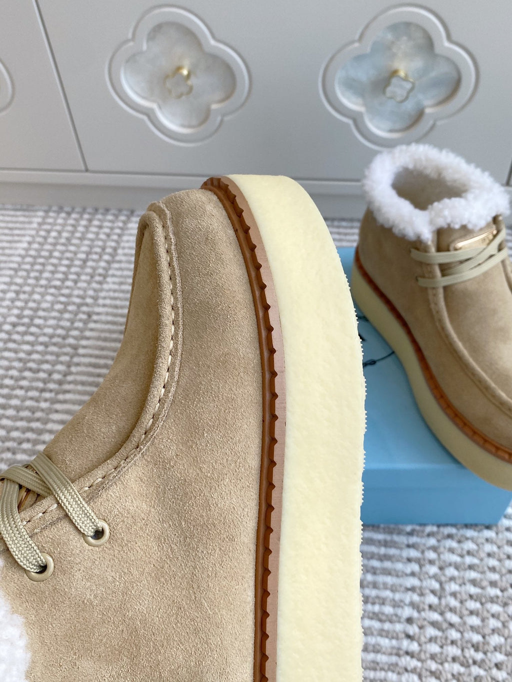 Prada Chukka Boots Light Khahi Suede White Shearing 564161