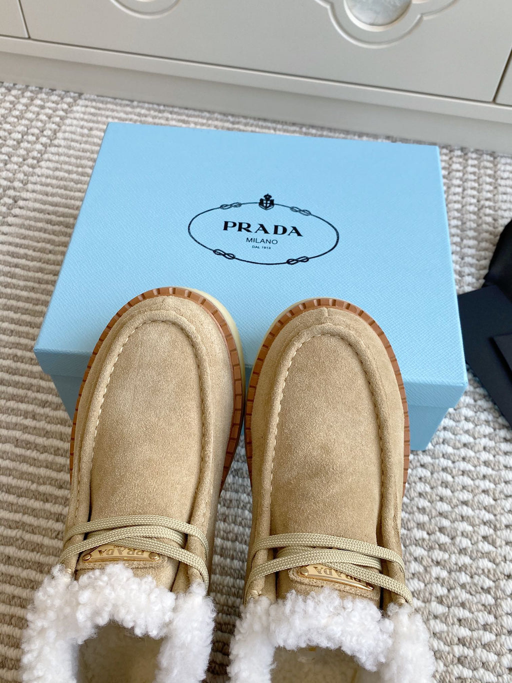 Prada Chukka Boots Light Khahi Suede White Shearing 564161