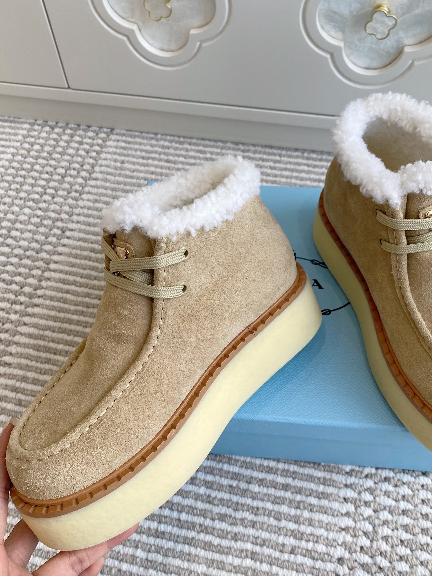 Prada Chukka Boots Light Khahi Suede White Shearing 564161