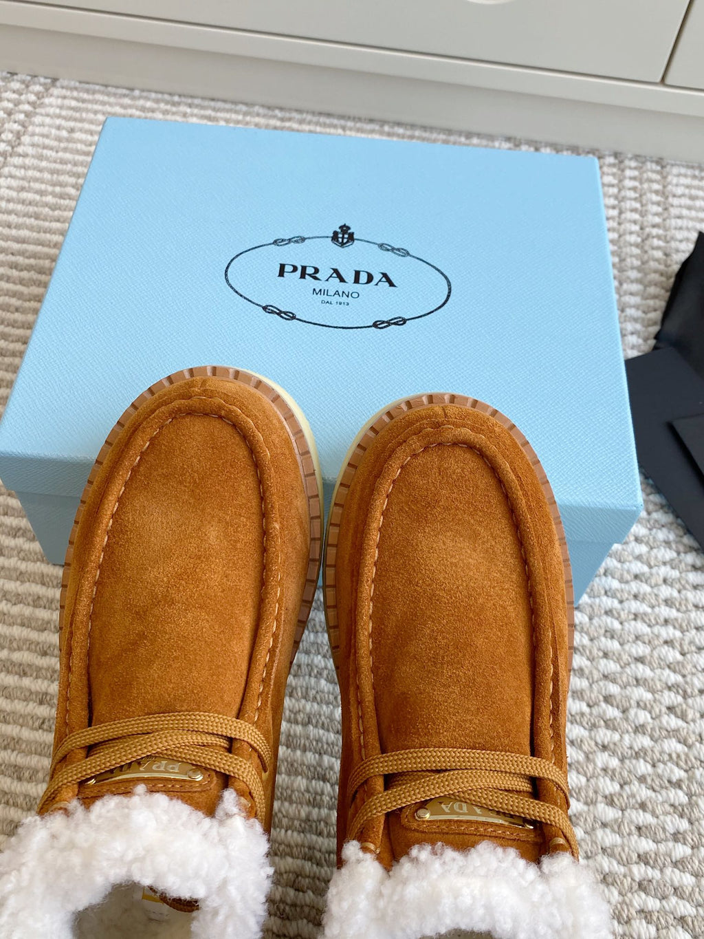 Prada Chukka Boots Caramel Suede White Shearing 564162