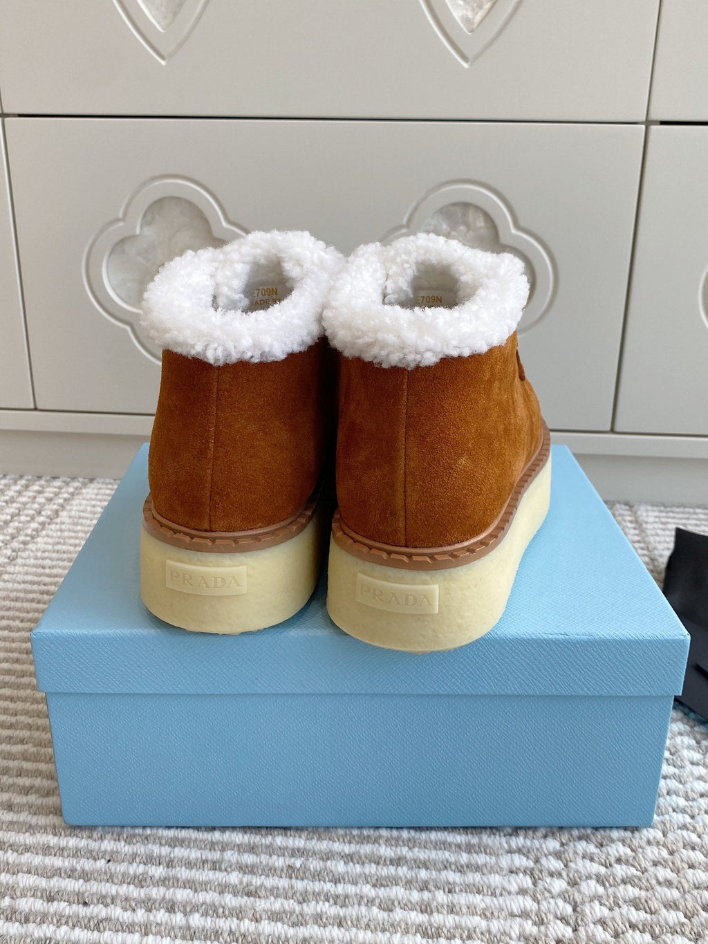 Prada Chukka Boots Caramel Suede White Shearing 564162