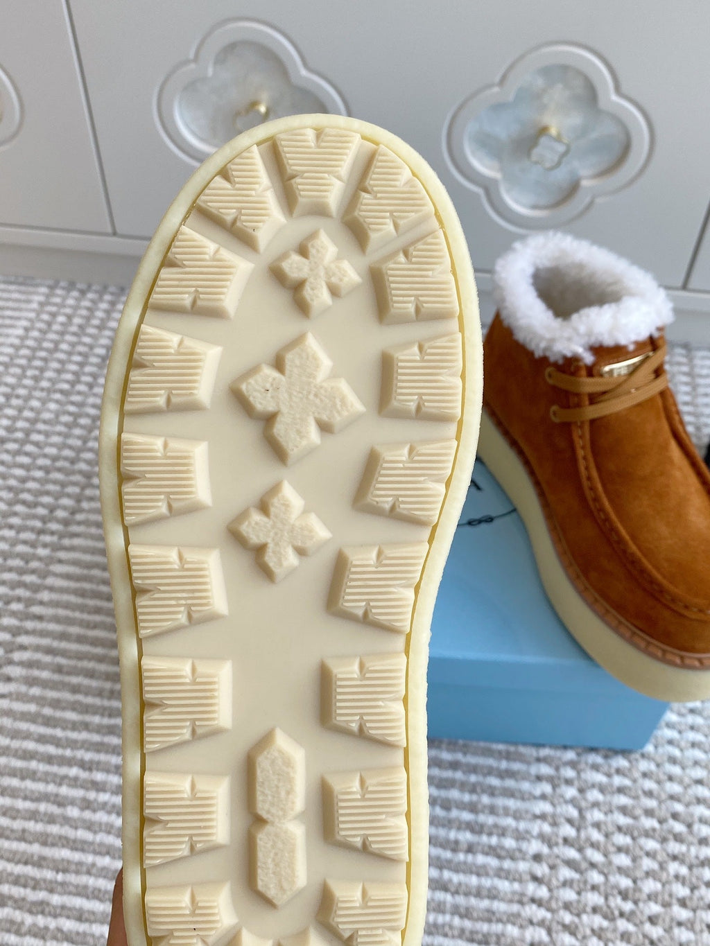 Prada Chukka Boots Caramel Suede White Shearing 564162