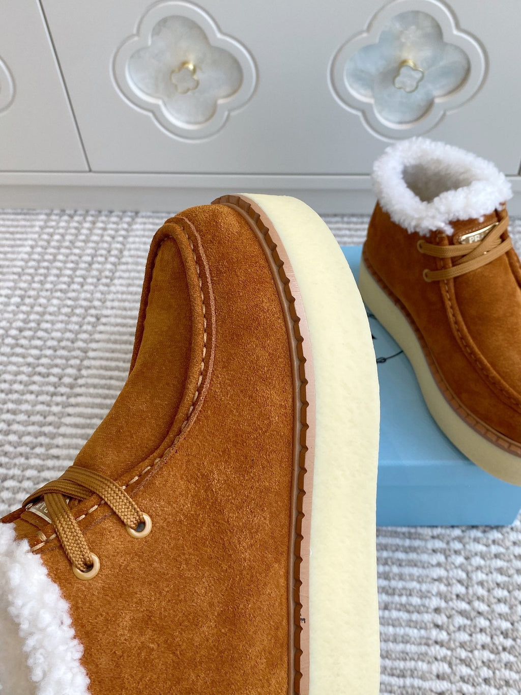 Prada Chukka Boots Caramel Suede White Shearing 564162