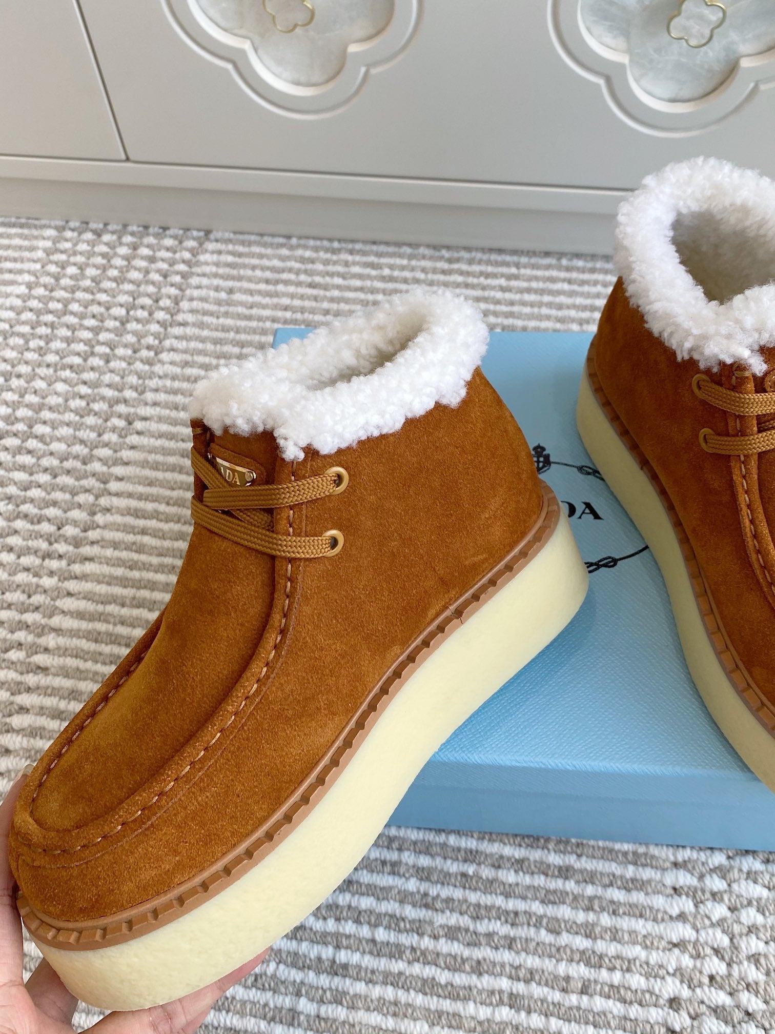 Prada Chukka Boots Caramel Suede White Shearing 564162