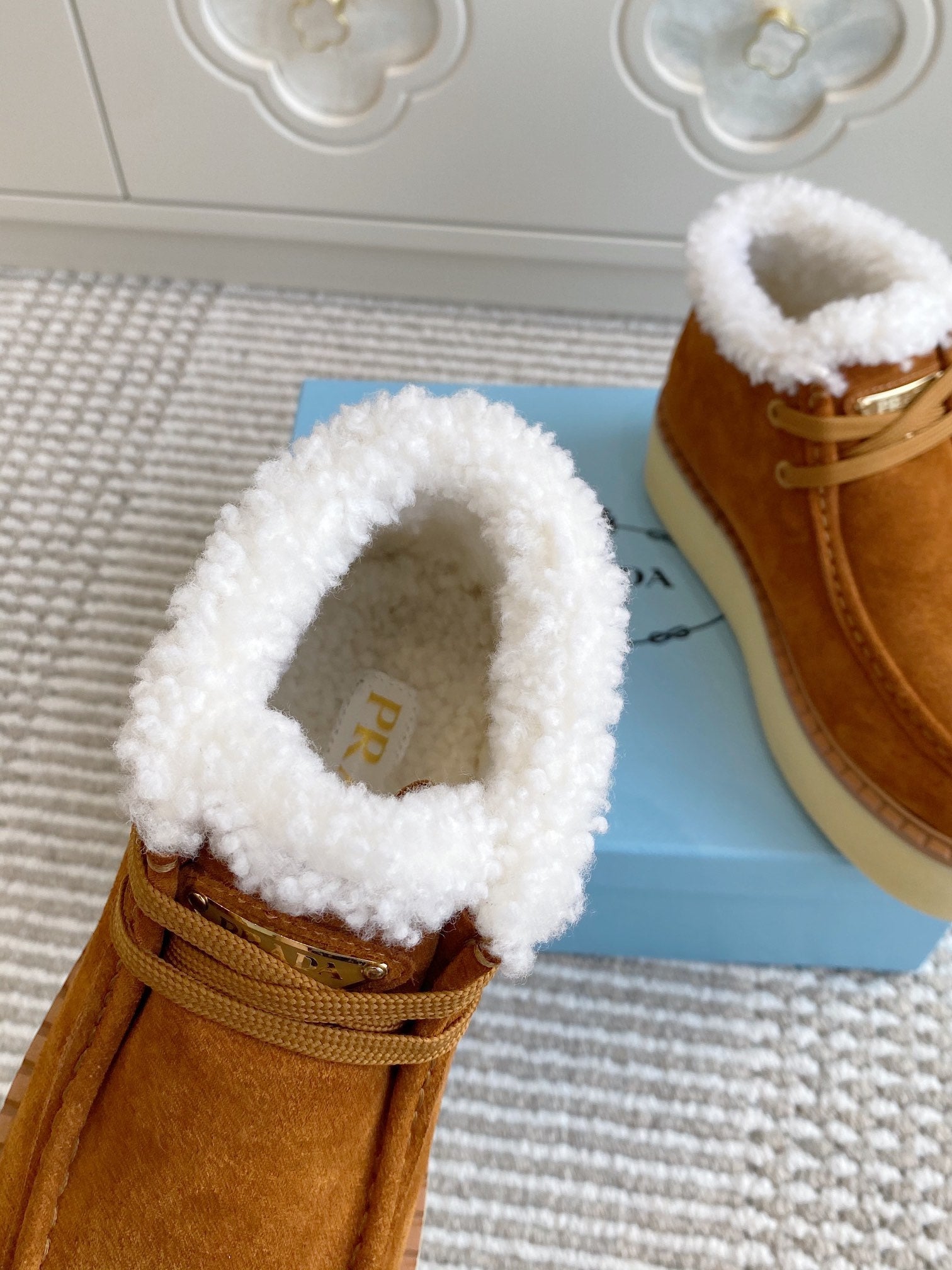 Prada Chukka Boots Caramel Suede White Shearing 564162