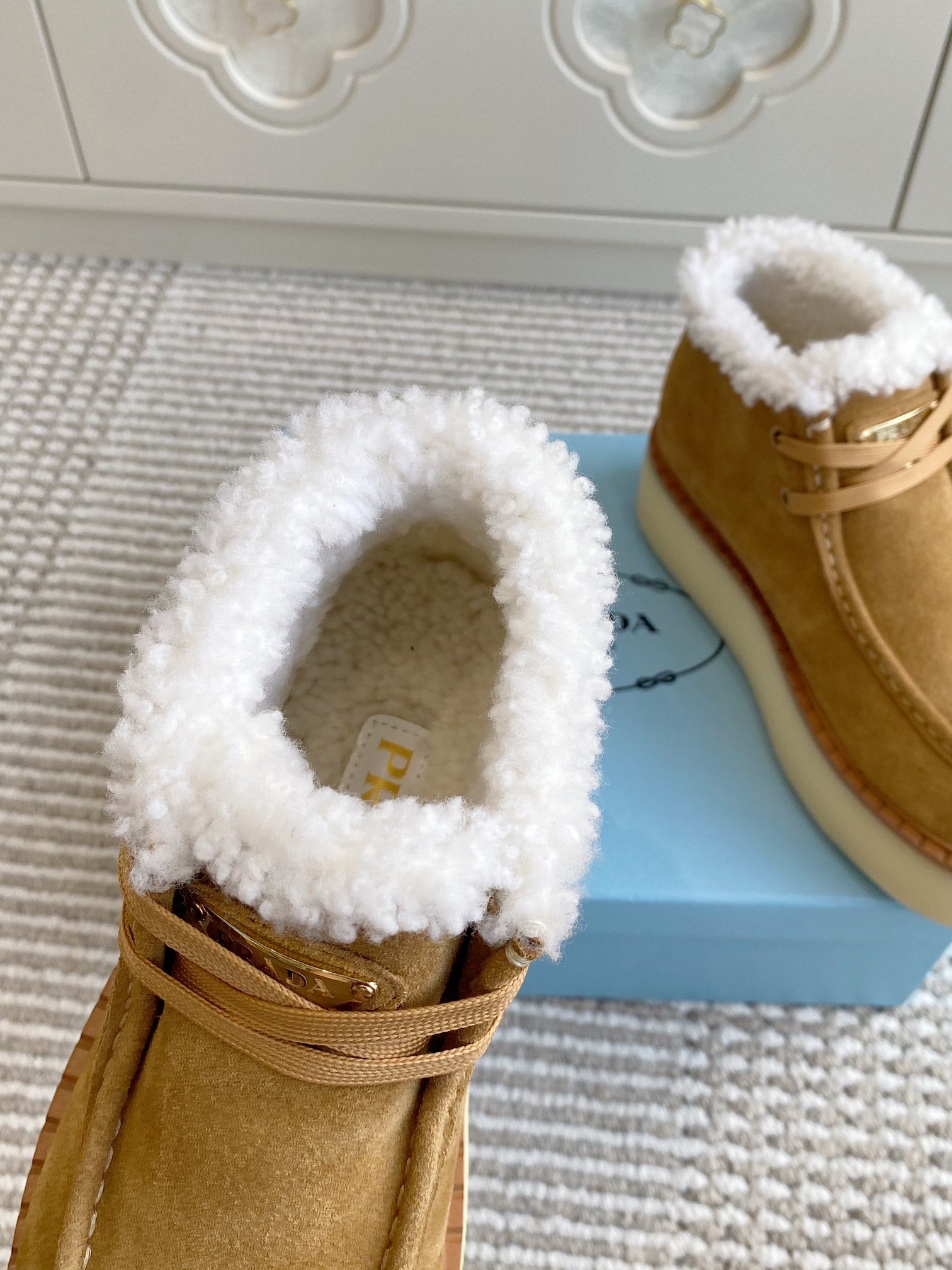 Prada Chukka Boots Brown Suede White Shearing 564163