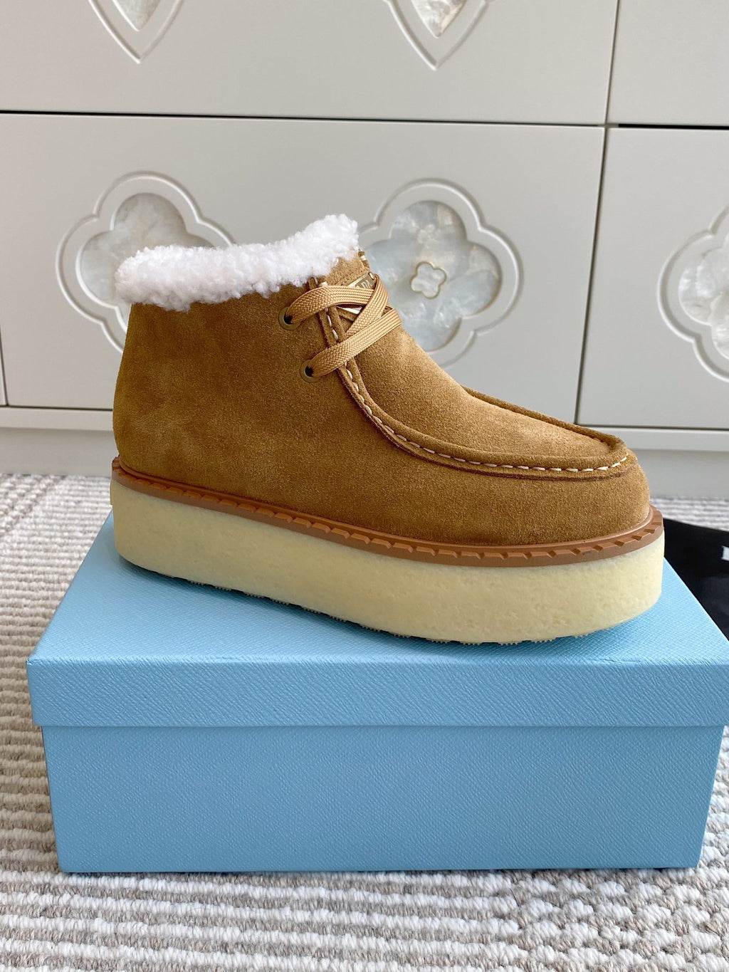 Prada Chukka Boots Brown Suede White Shearing 564163