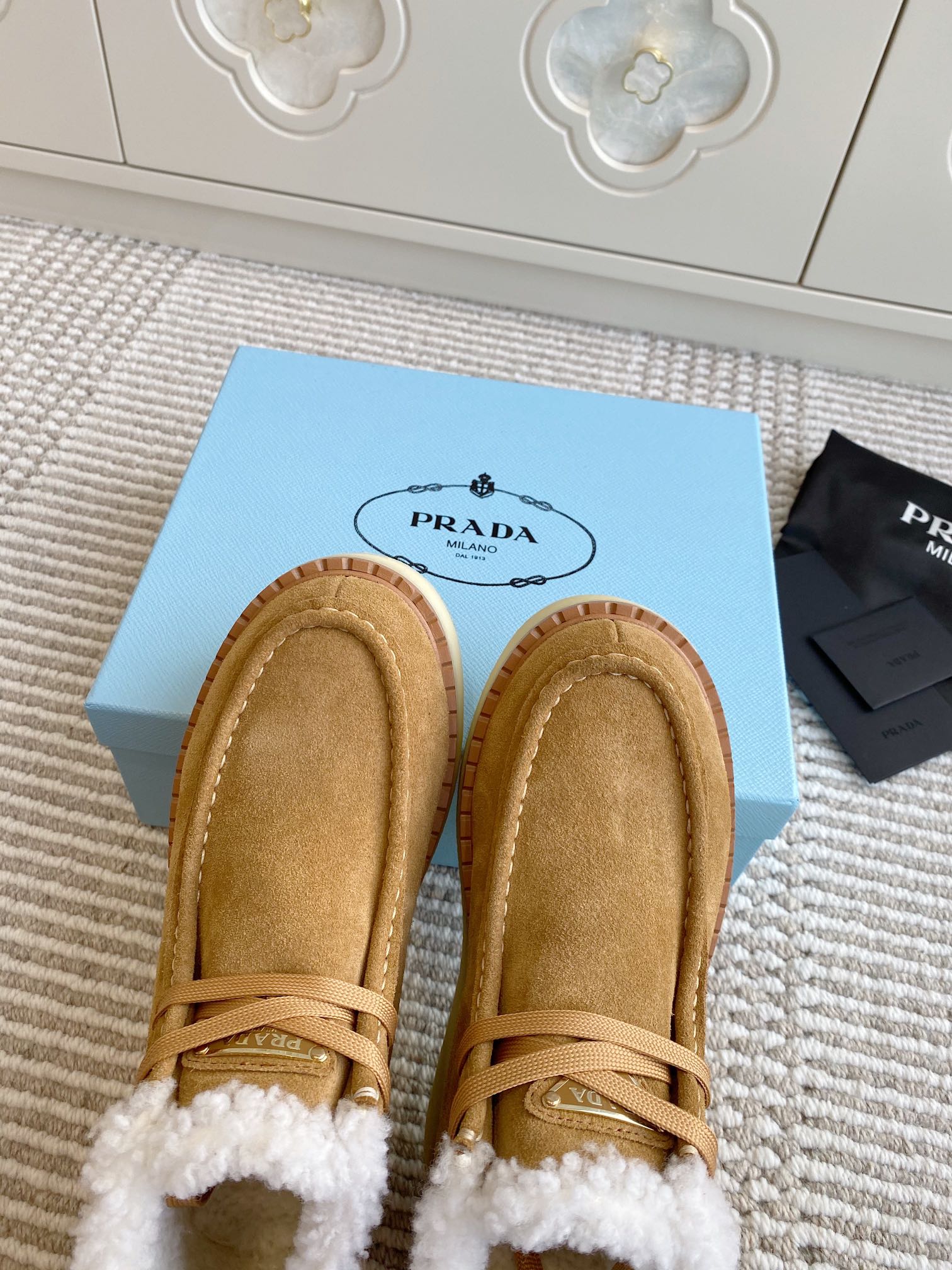 Prada Chukka Boots Brown Suede White Shearing 564163