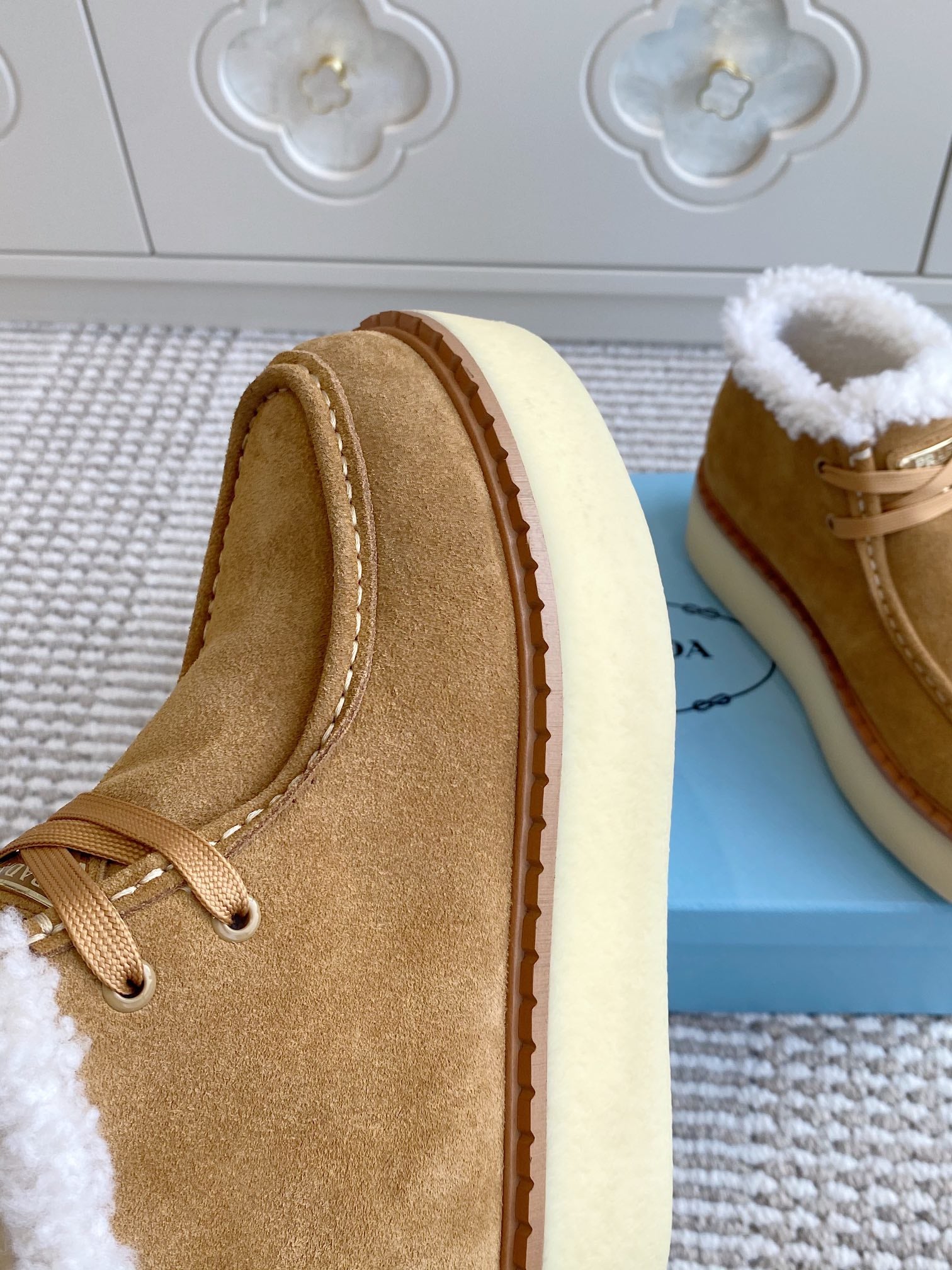 Prada Chukka Boots Brown Suede White Shearing 564163