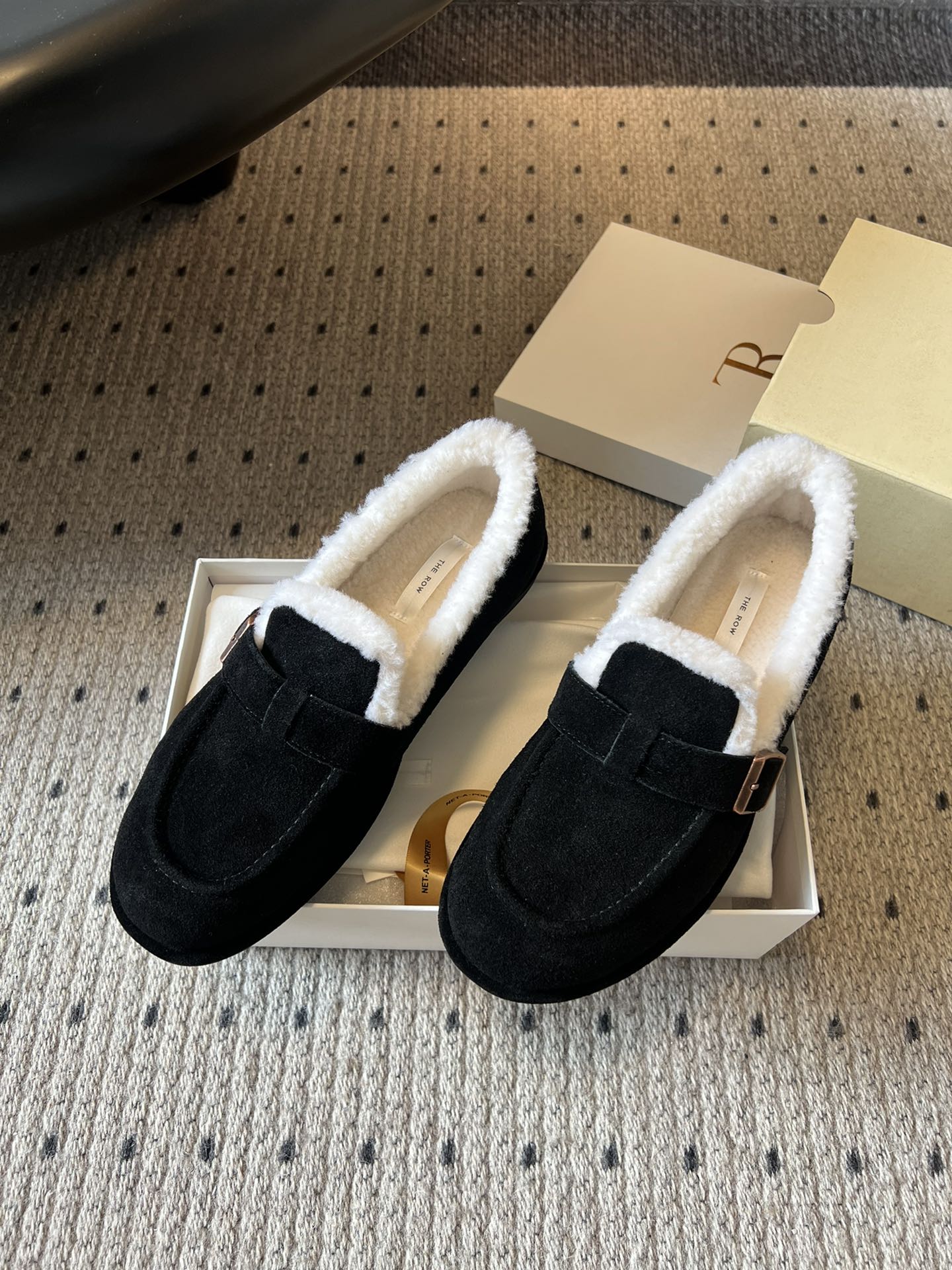 The Row 2025 Shearling Loafer Black White Suede Wool 561601
