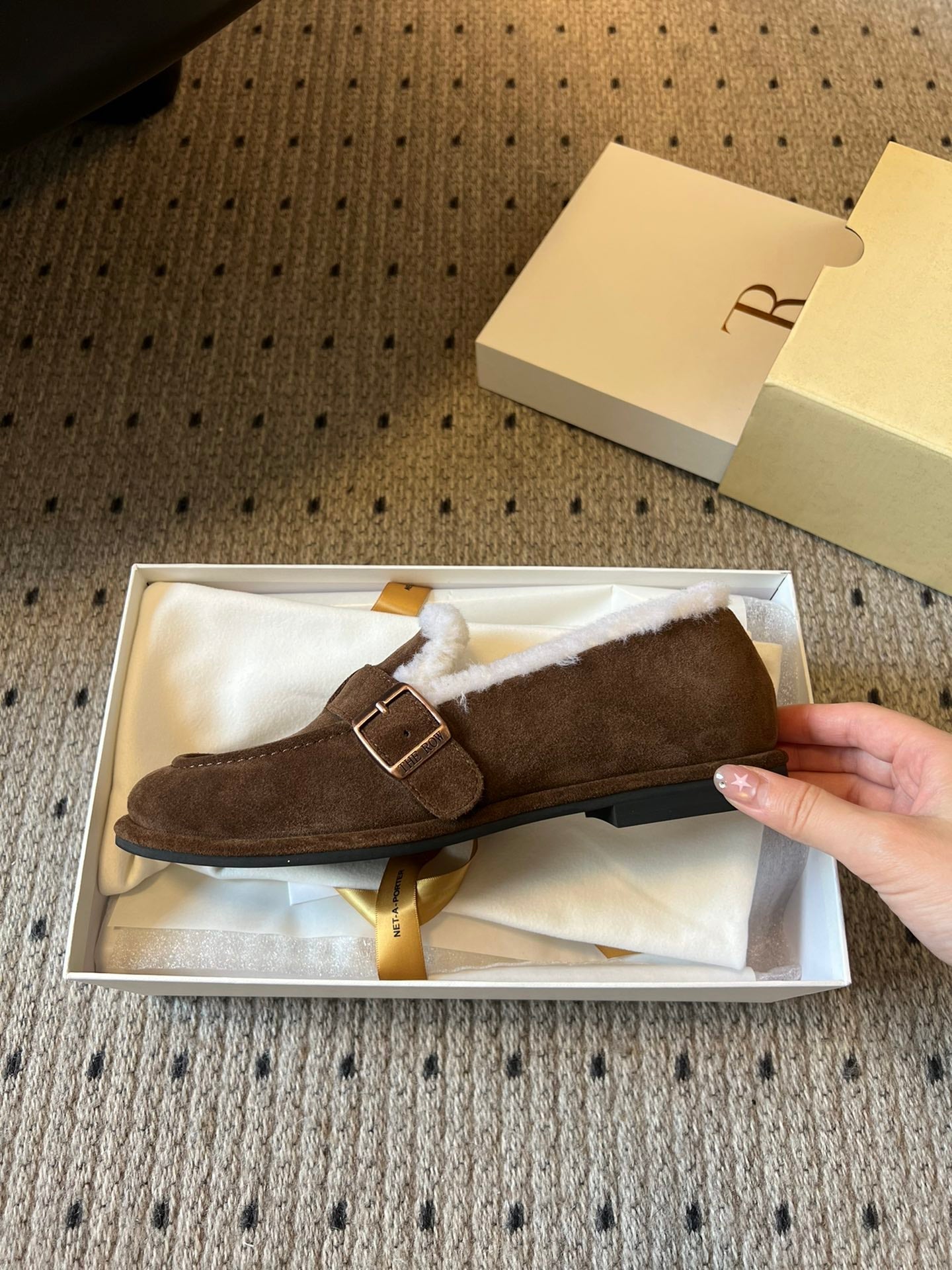 The Row 2025 Shearling Loafer Brown White Suede Wool 561602