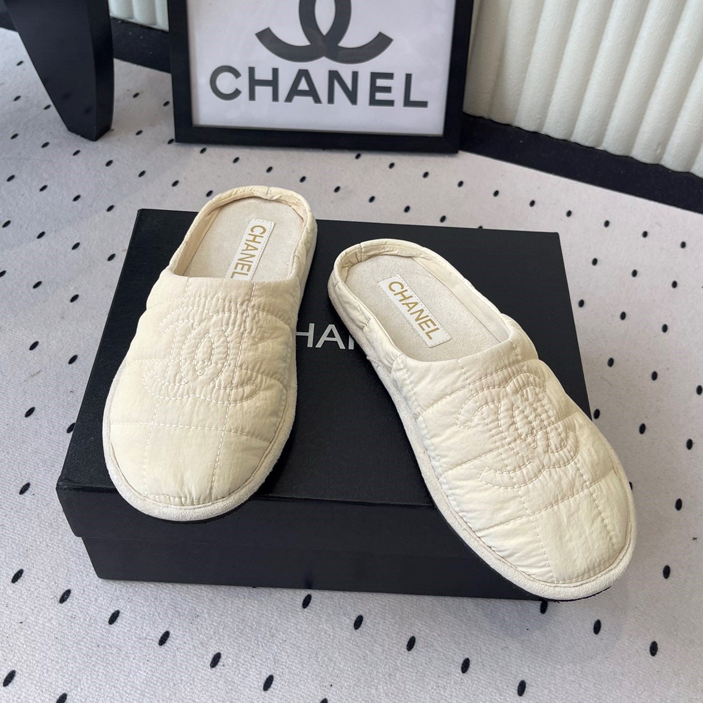 CC New Down-Filled Couple Slippers Ivory Technical Fabric