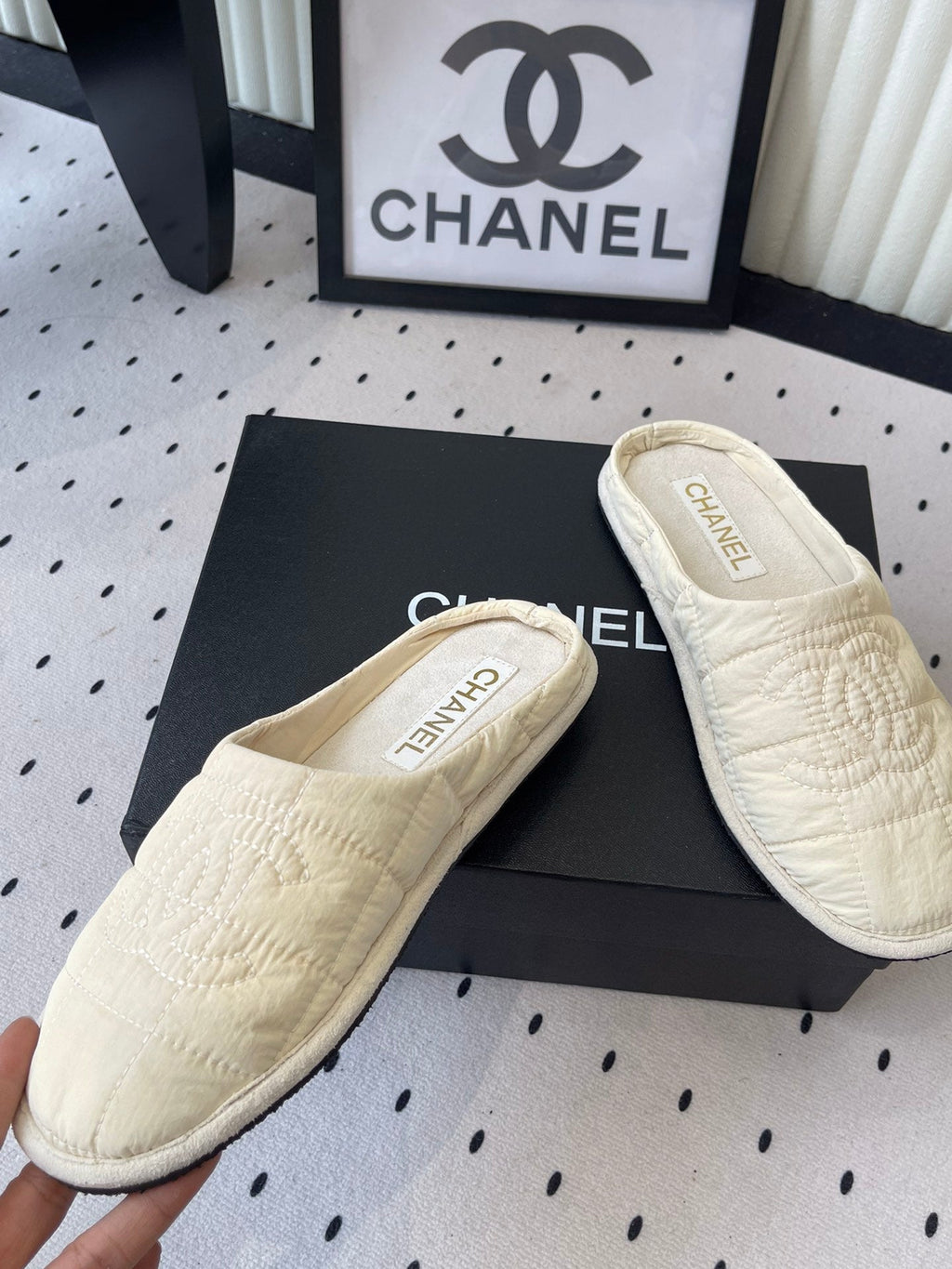 CC New Down-Filled Couple Slippers Ivory Technical Fabric