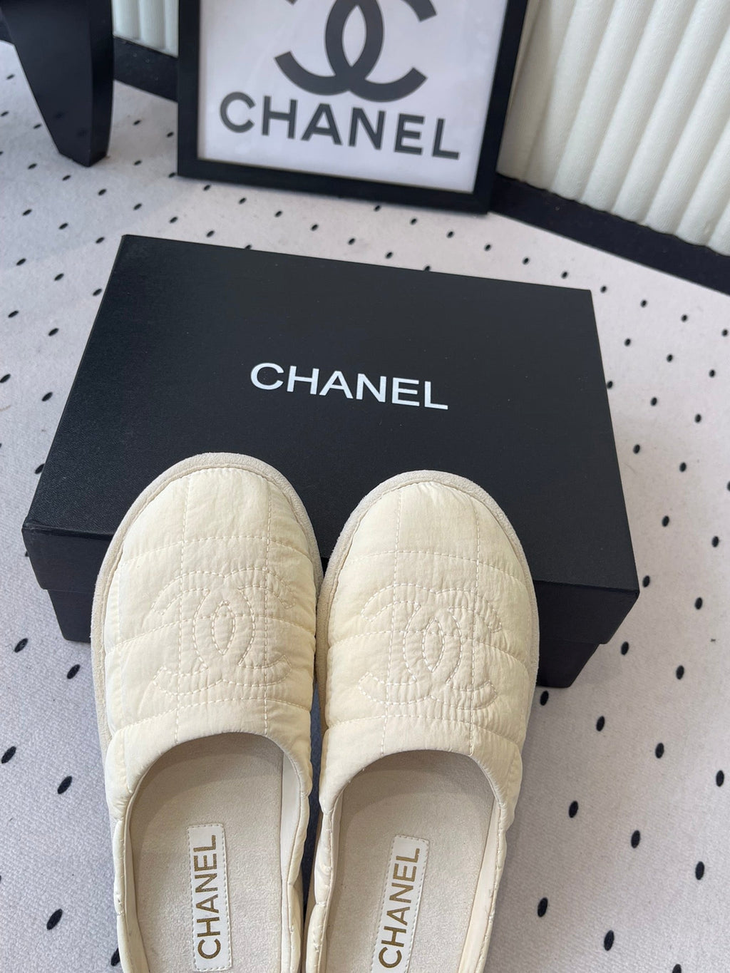 CC New Down-Filled Couple Slippers Ivory Technical Fabric