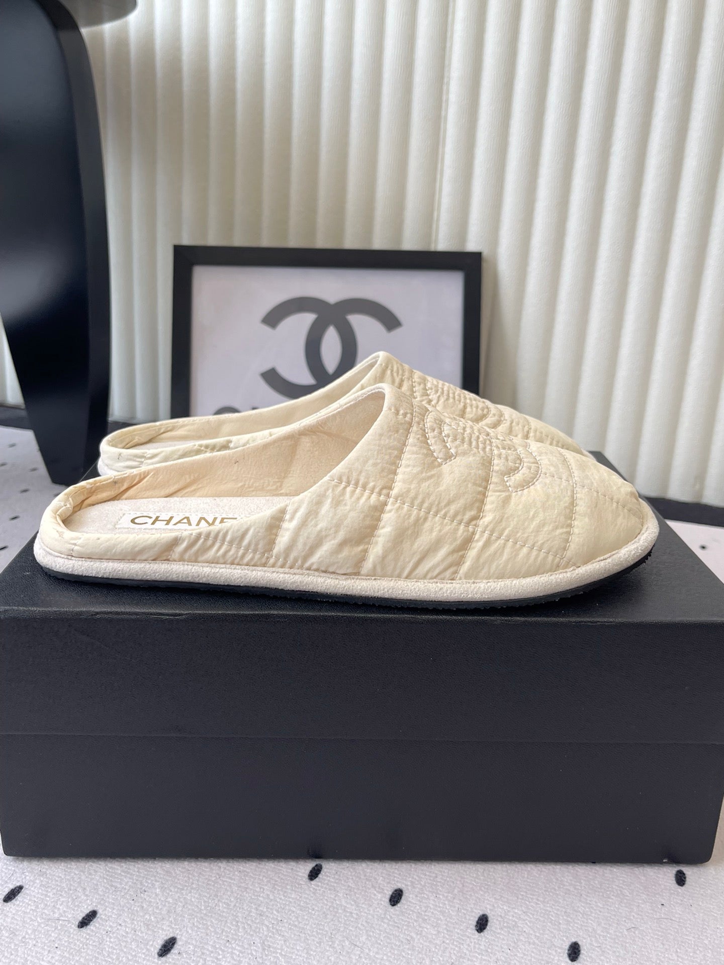 CC New Down-Filled Couple Slippers Ivory Technical Fabric