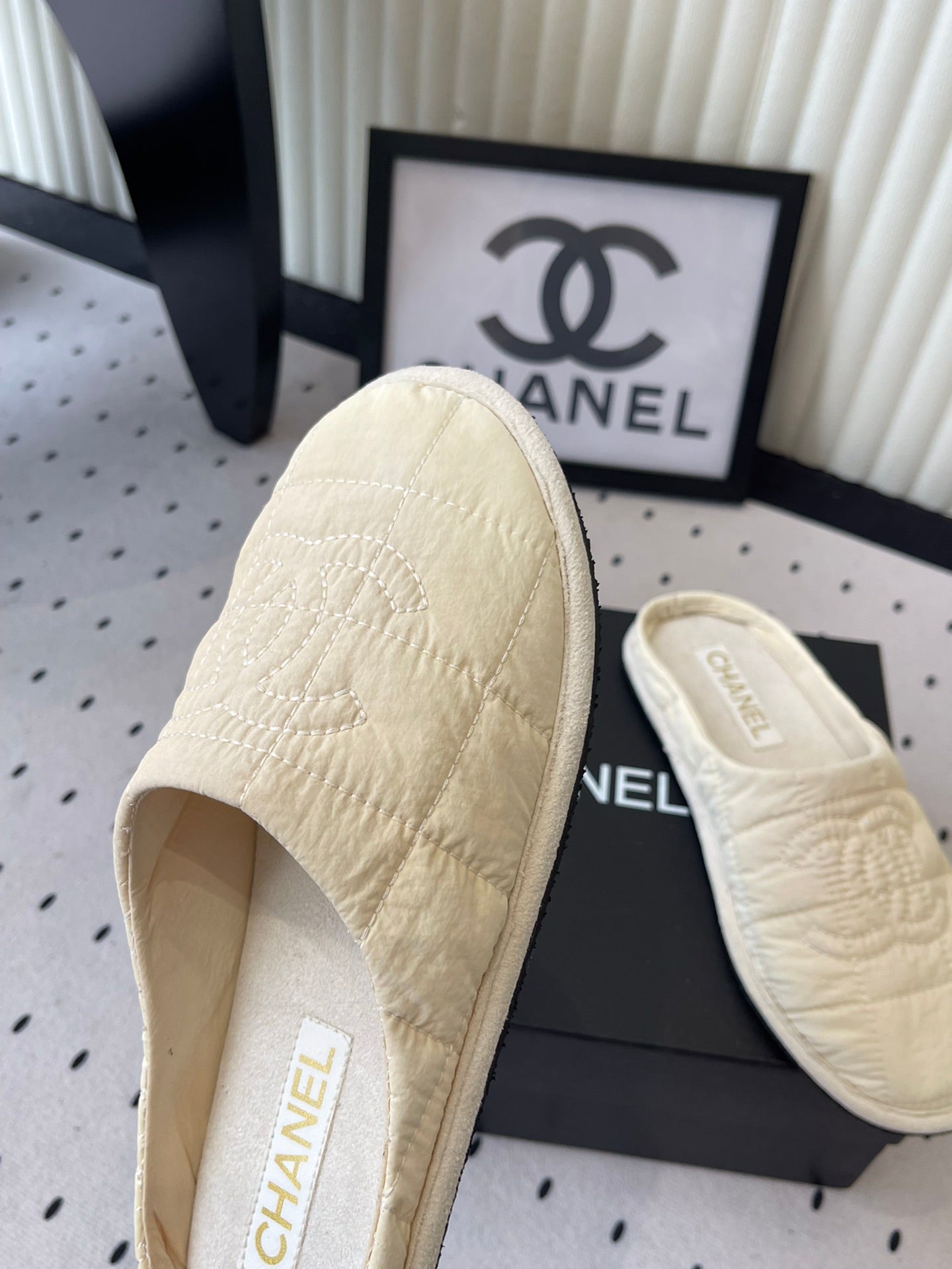 CC New Down-Filled Couple Slippers Ivory Technical Fabric