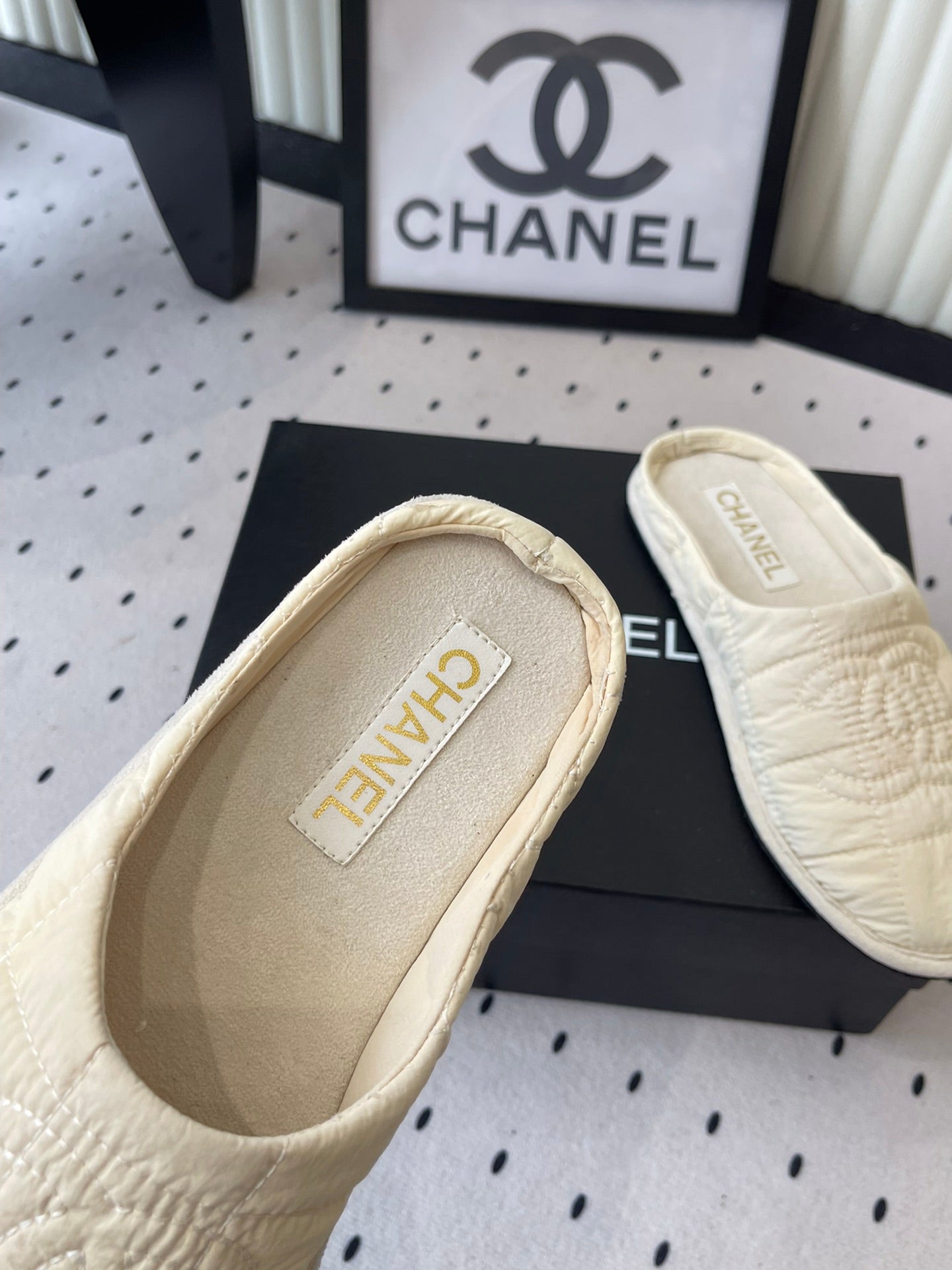 CC New Down-Filled Couple Slippers Ivory Technical Fabric