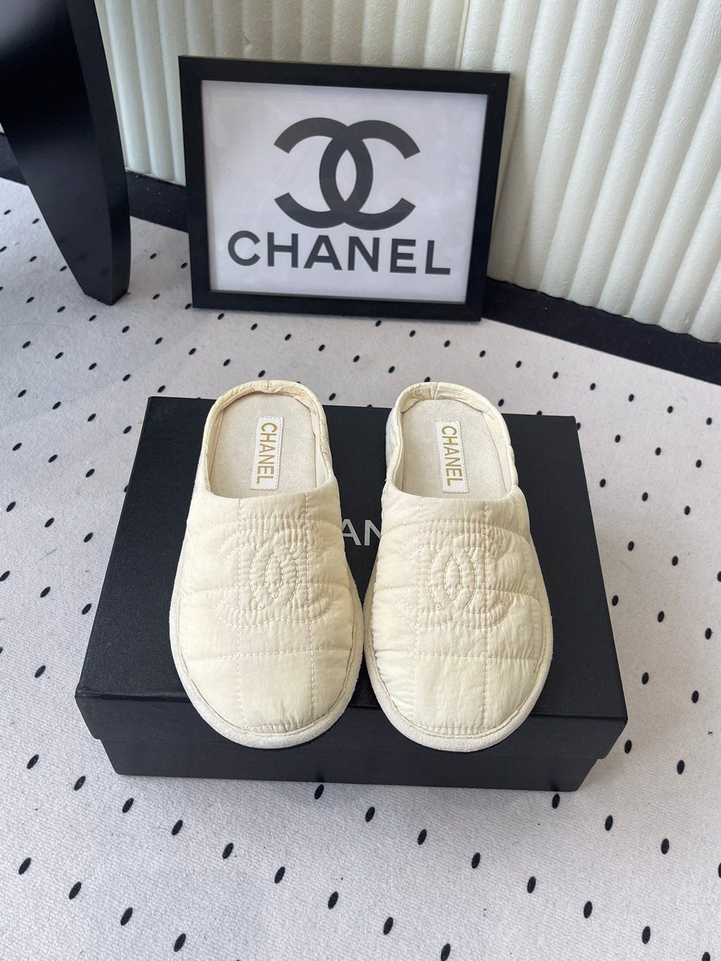 CC New Down-Filled Couple Slippers Ivory Technical Fabric