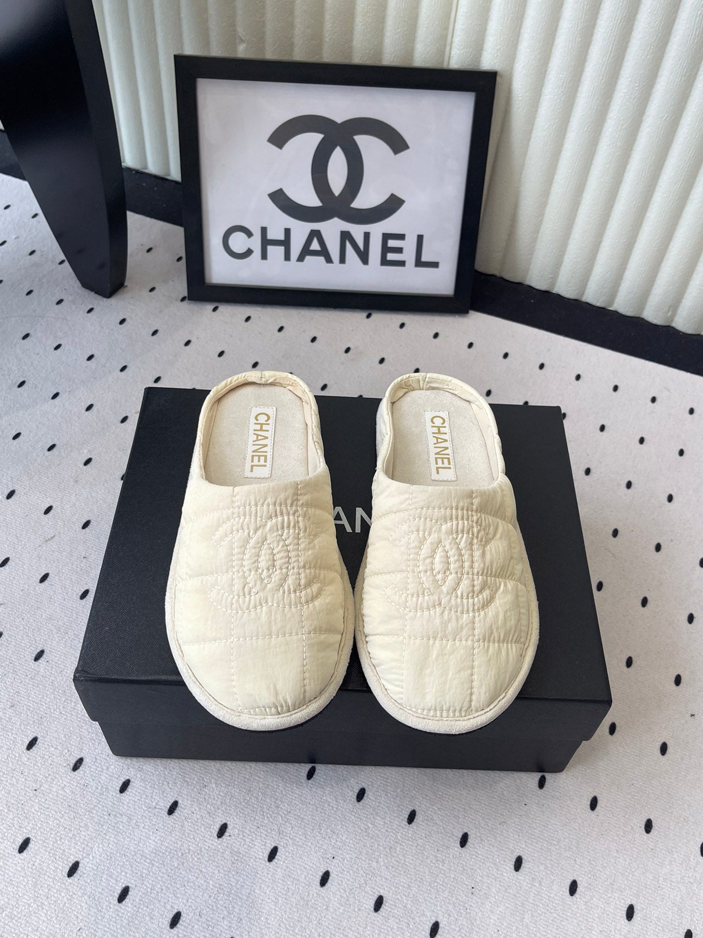 CC New Down-Filled Couple Slippers Ivory Technical Fabric