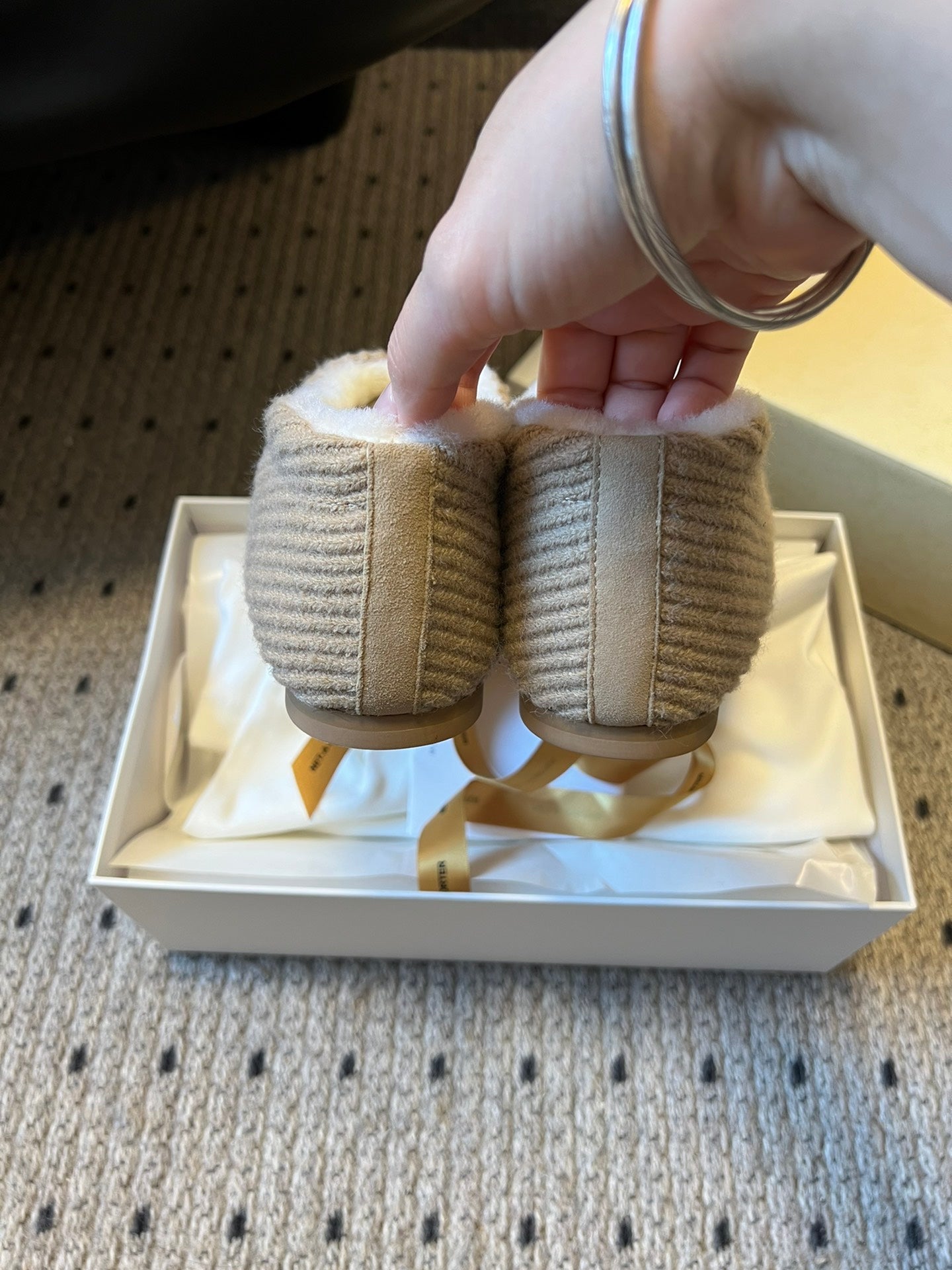 The Row 2025 Striped Furry Slipper Beige White Wool 561638