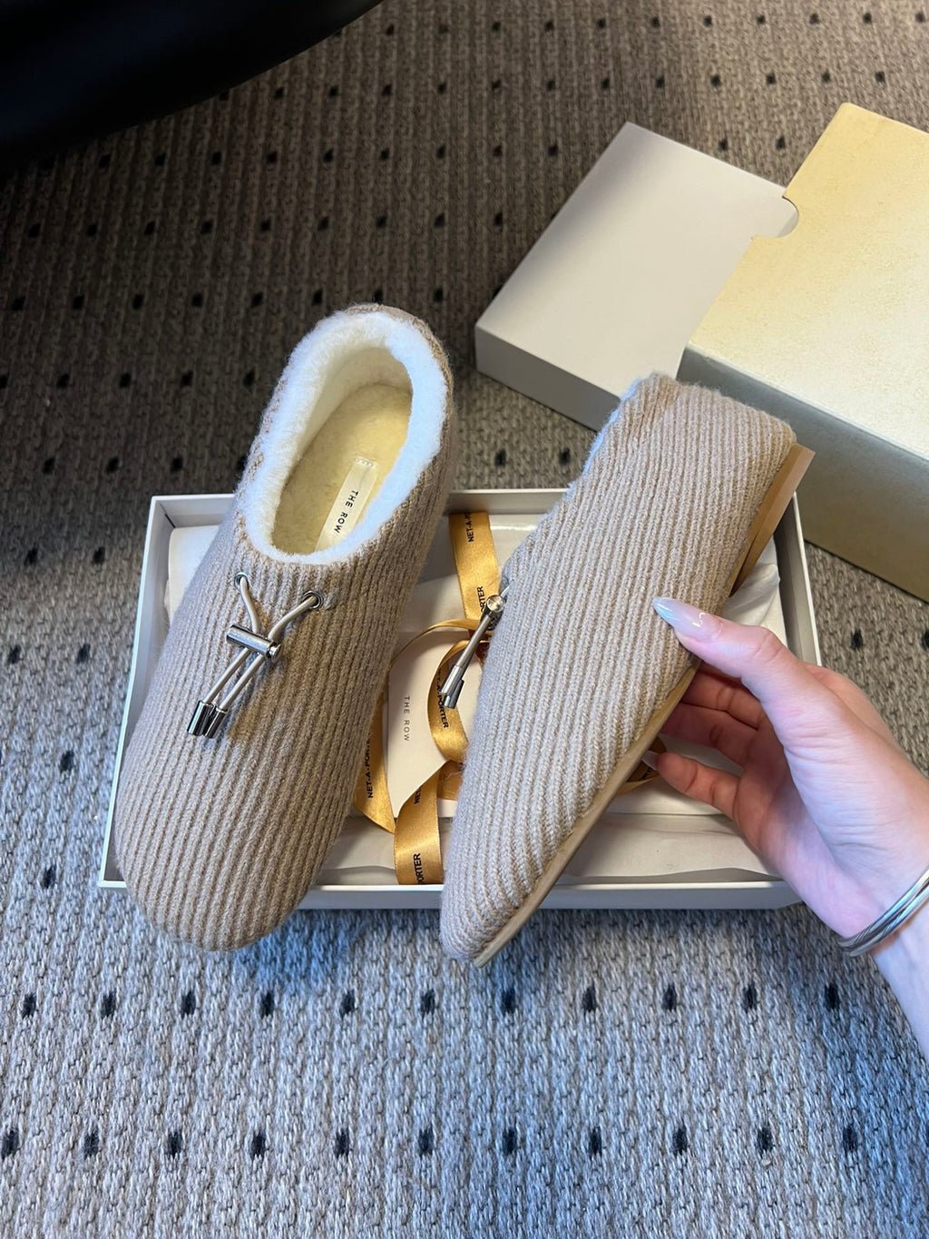 The Row 2025 Striped Furry Slipper Beige White Wool 561638