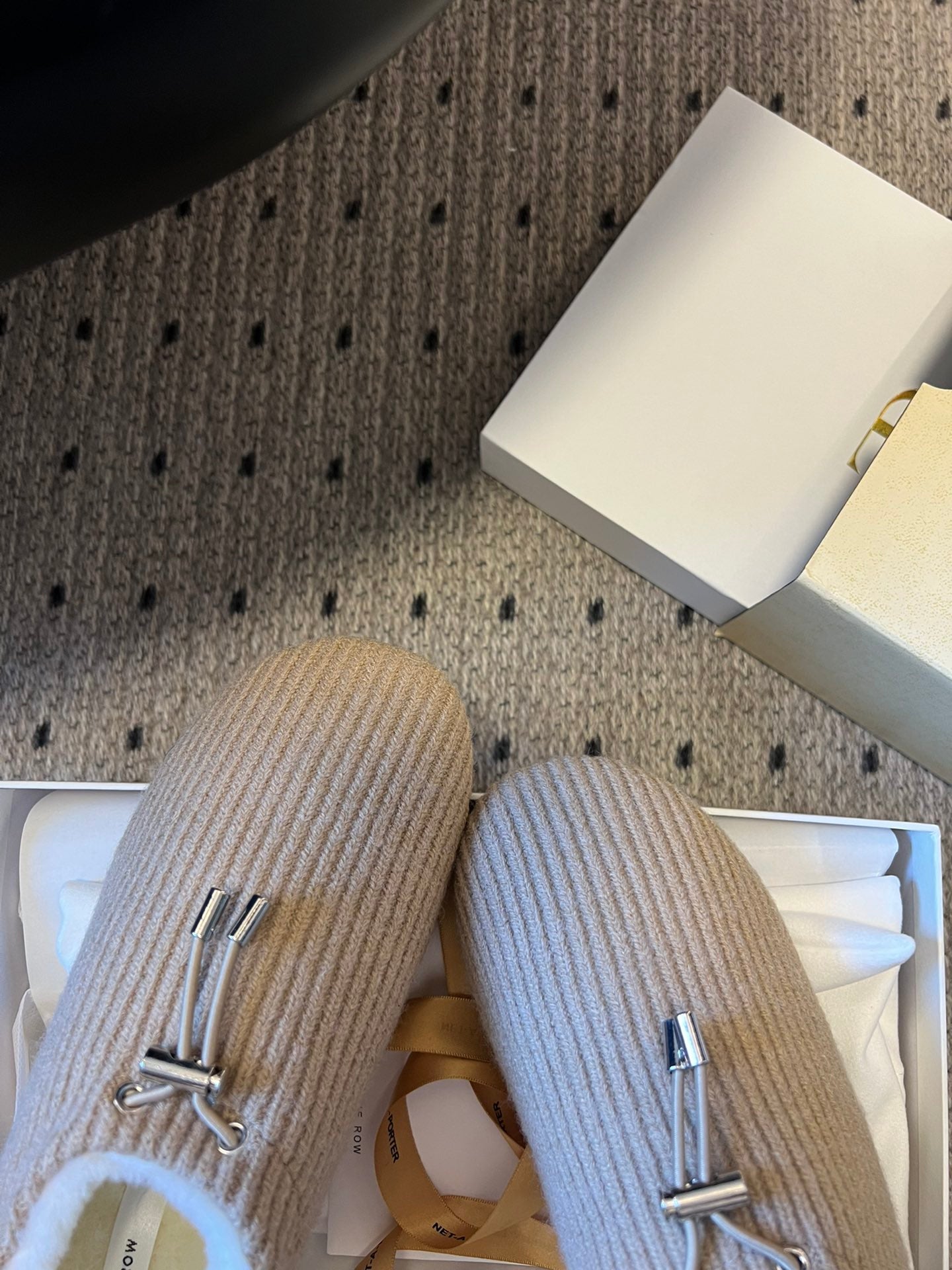 The Row 2025 Striped Furry Slipper Beige White Wool 561638