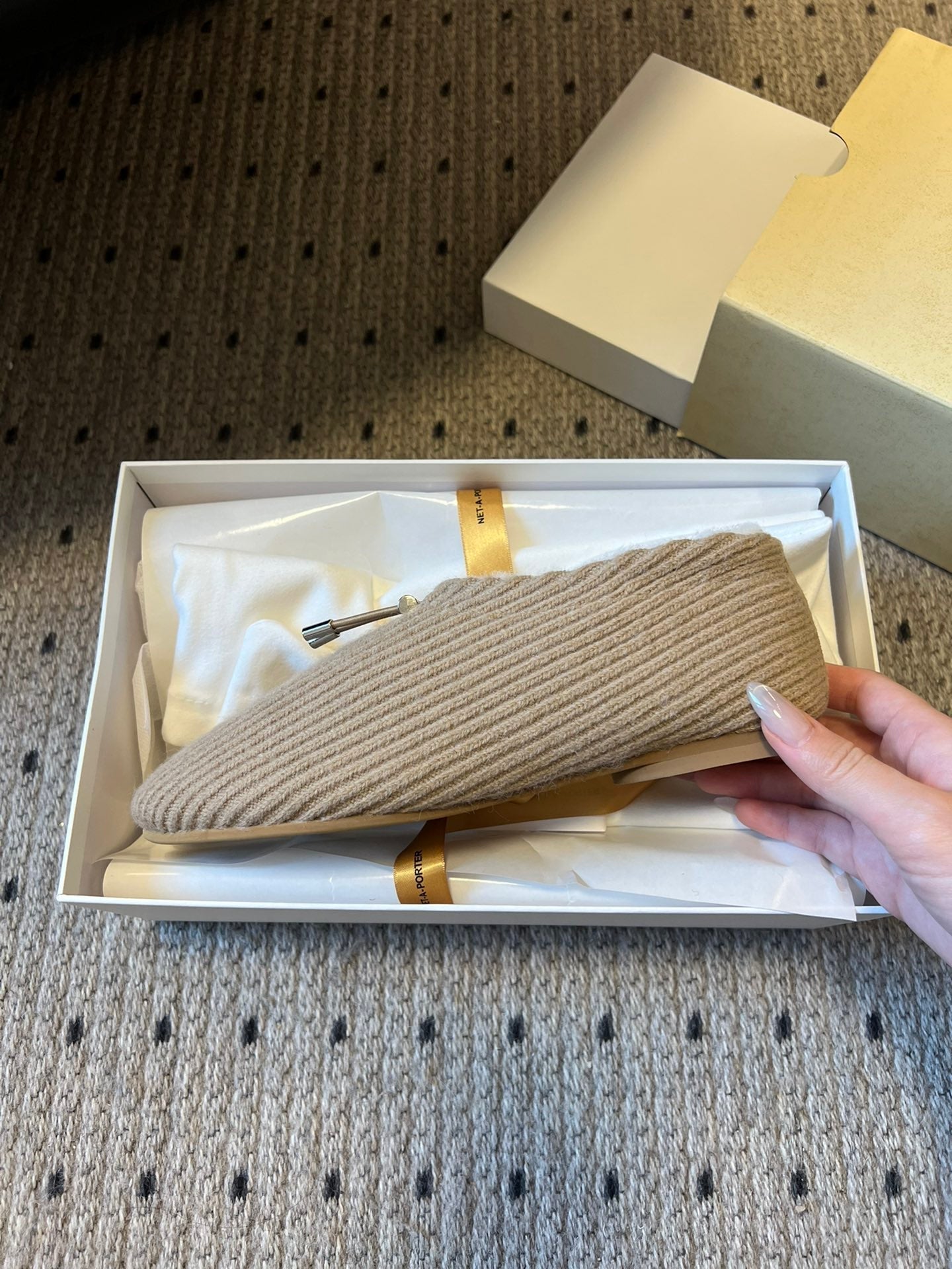 The Row 2025 Striped Furry Slipper Beige White Wool 561638