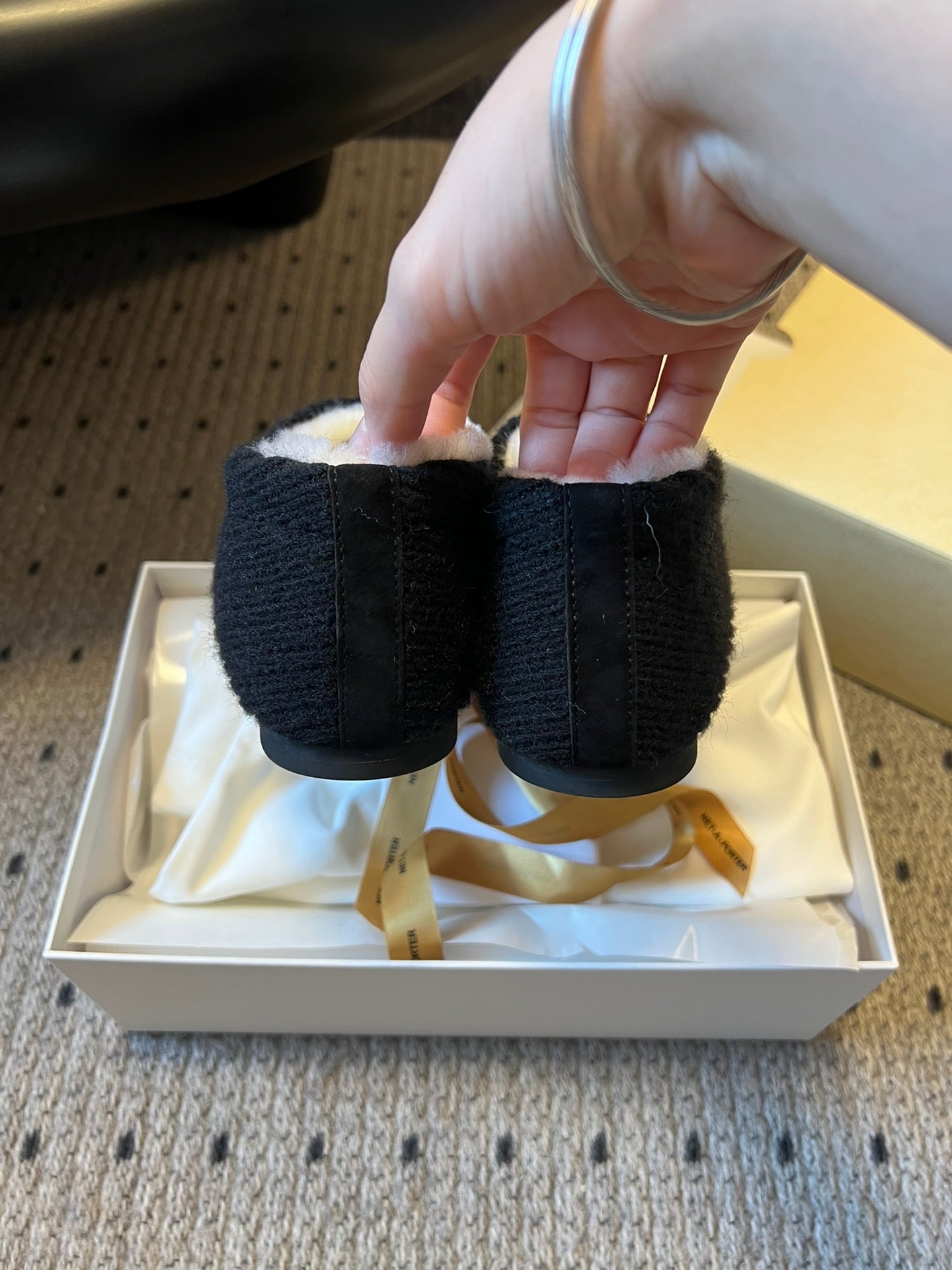 The Row 2025 Striped Furry Slipper Black White Wool 561636