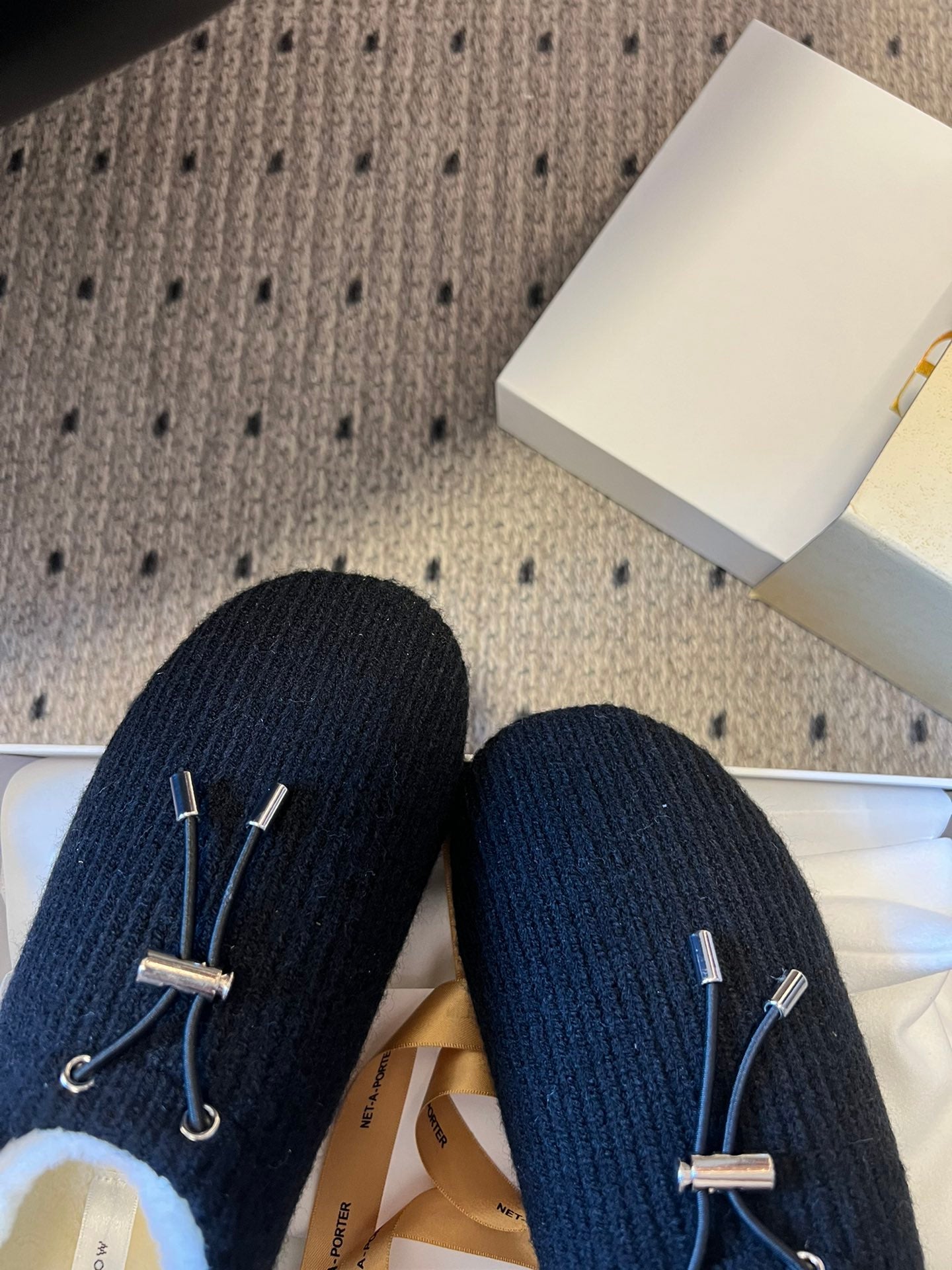 The Row 2025 Striped Furry Slipper Black White Wool 561636