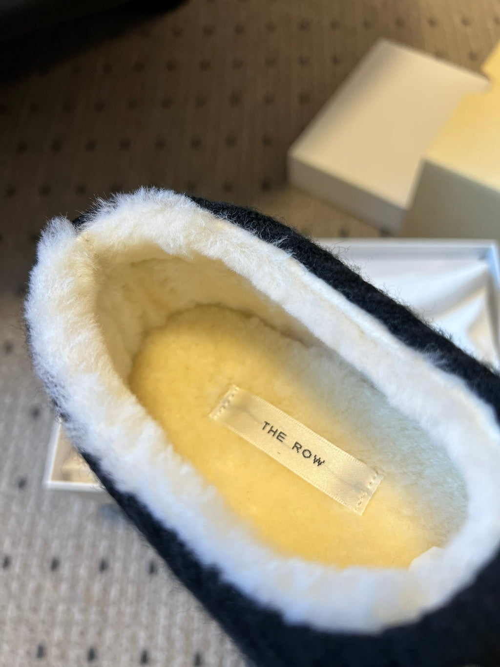 The Row 2025 Striped Furry Slipper Black White Wool 561636