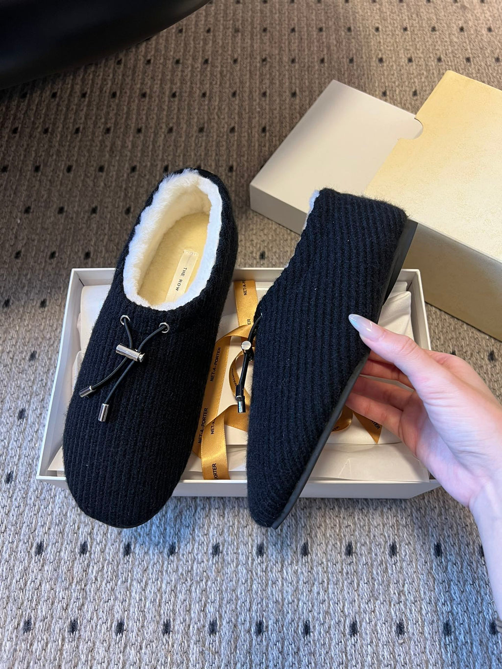 The Row 2025 Striped Furry Slipper Black White Wool 561636