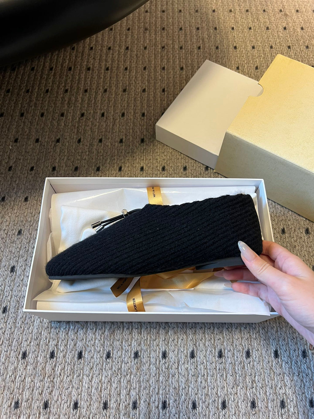 The Row 2025 Striped Furry Slipper Black White Wool 561636