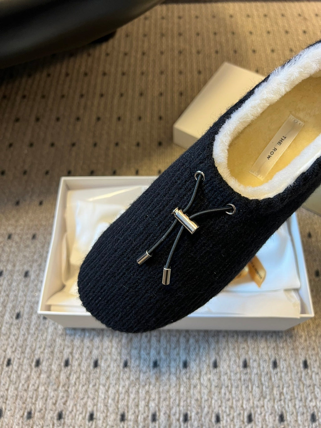 The Row 2025 Striped Furry Slipper Black White Wool 561636