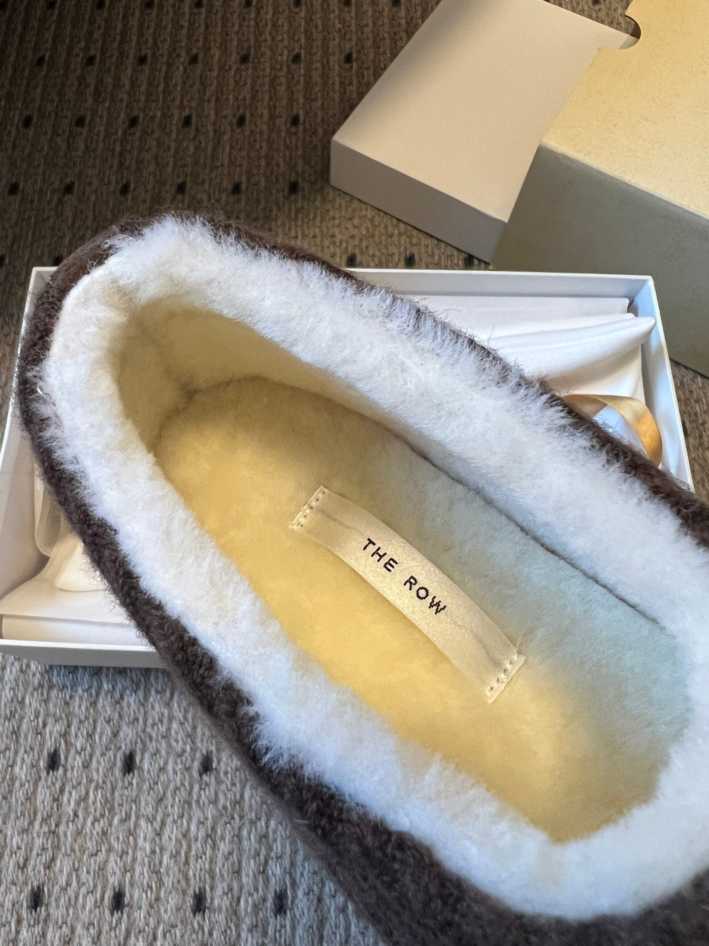 The Row 2025 Striped Furry Slipper Brown White Wool 561637