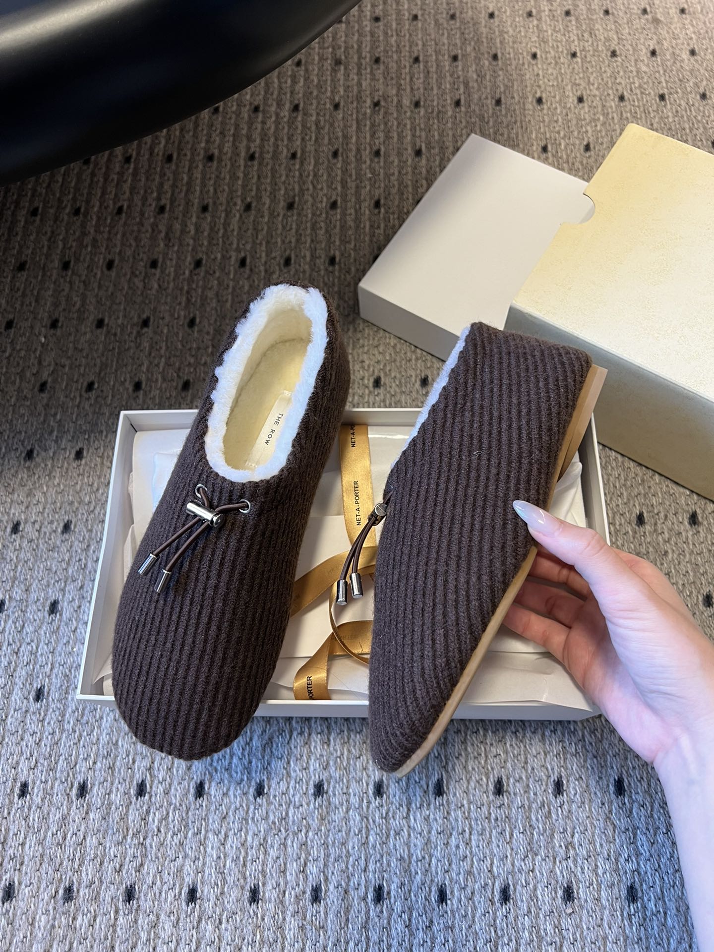 The Row 2025 Striped Furry Slipper Brown White Wool 561637