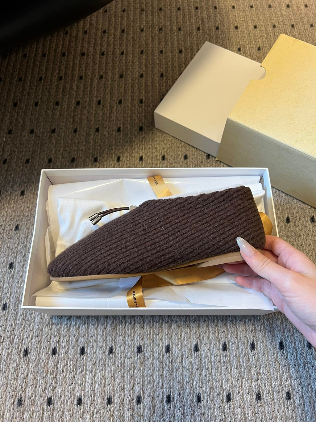 The Row 2025 Striped Furry Slipper Brown White Wool 561637