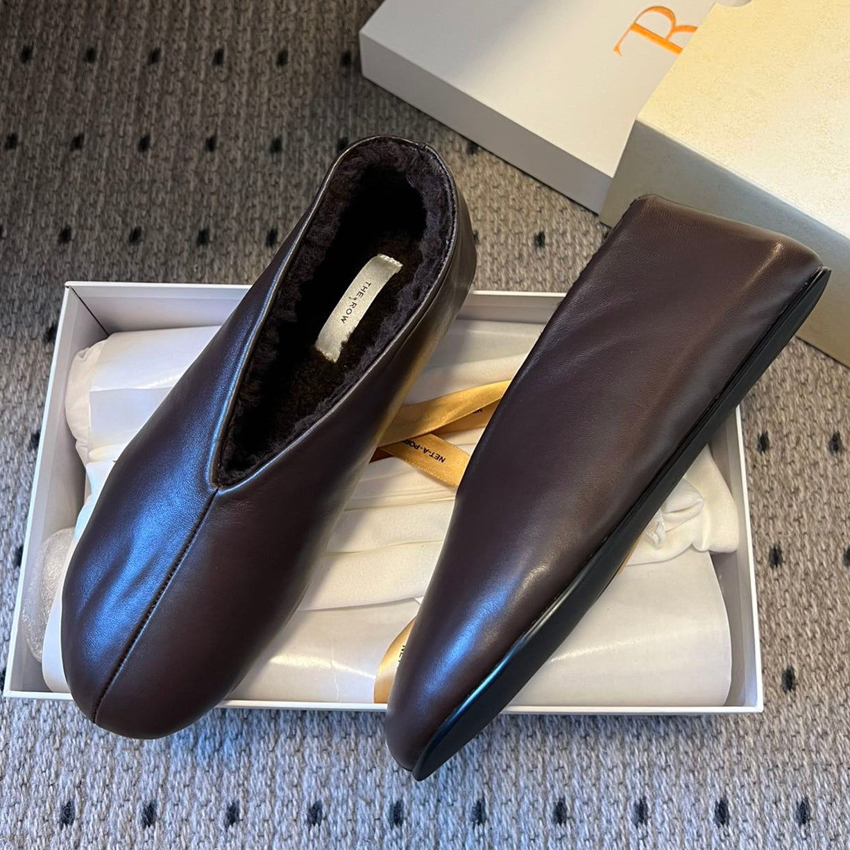 The Row 2025 Stella slip-on Shoe Dark Brown Sheepskin Wool 561641